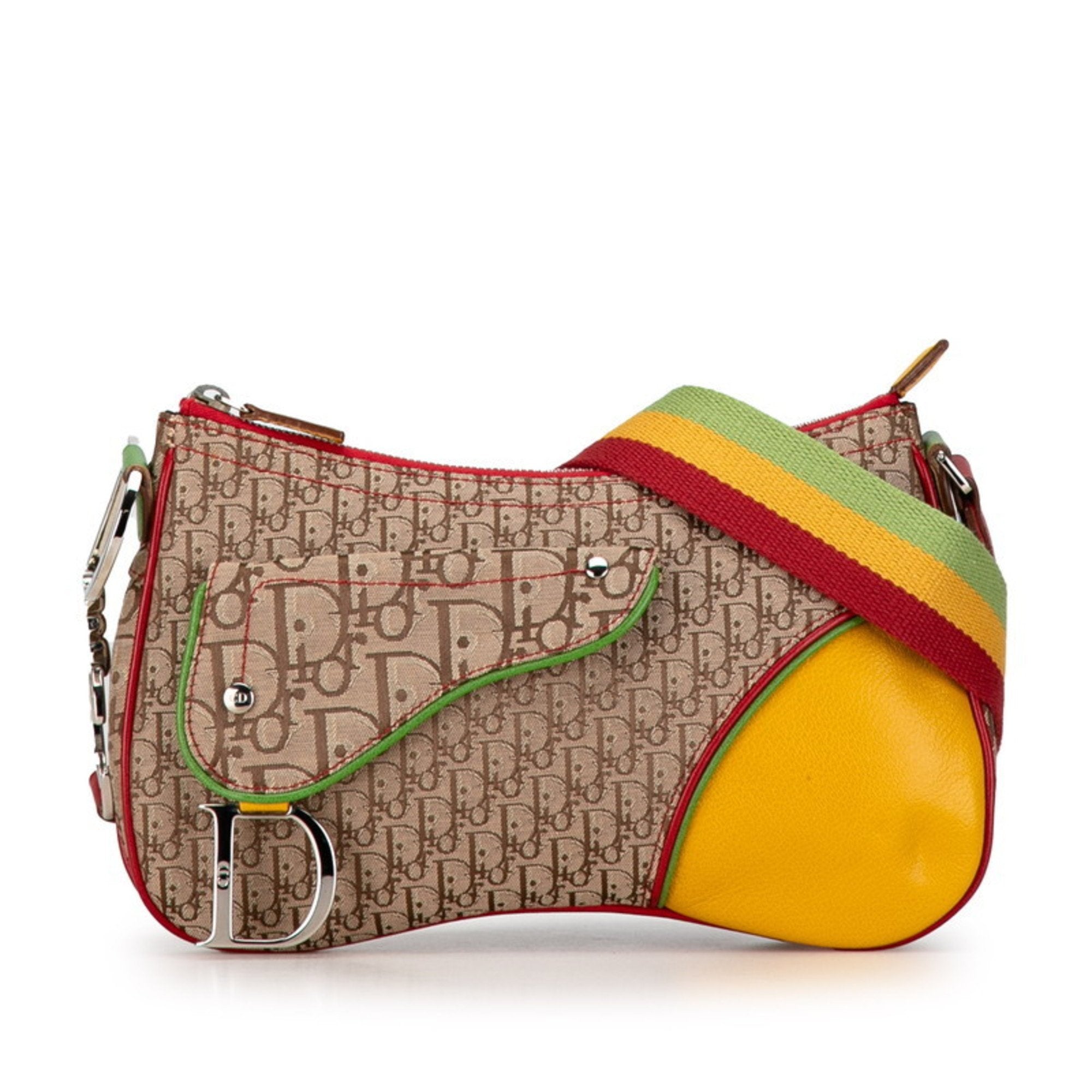 Christian Dior Beige Brown Yellow Canvas Leather Handbag Pochette Pouch Shoulder Bag (Pre-Owned)