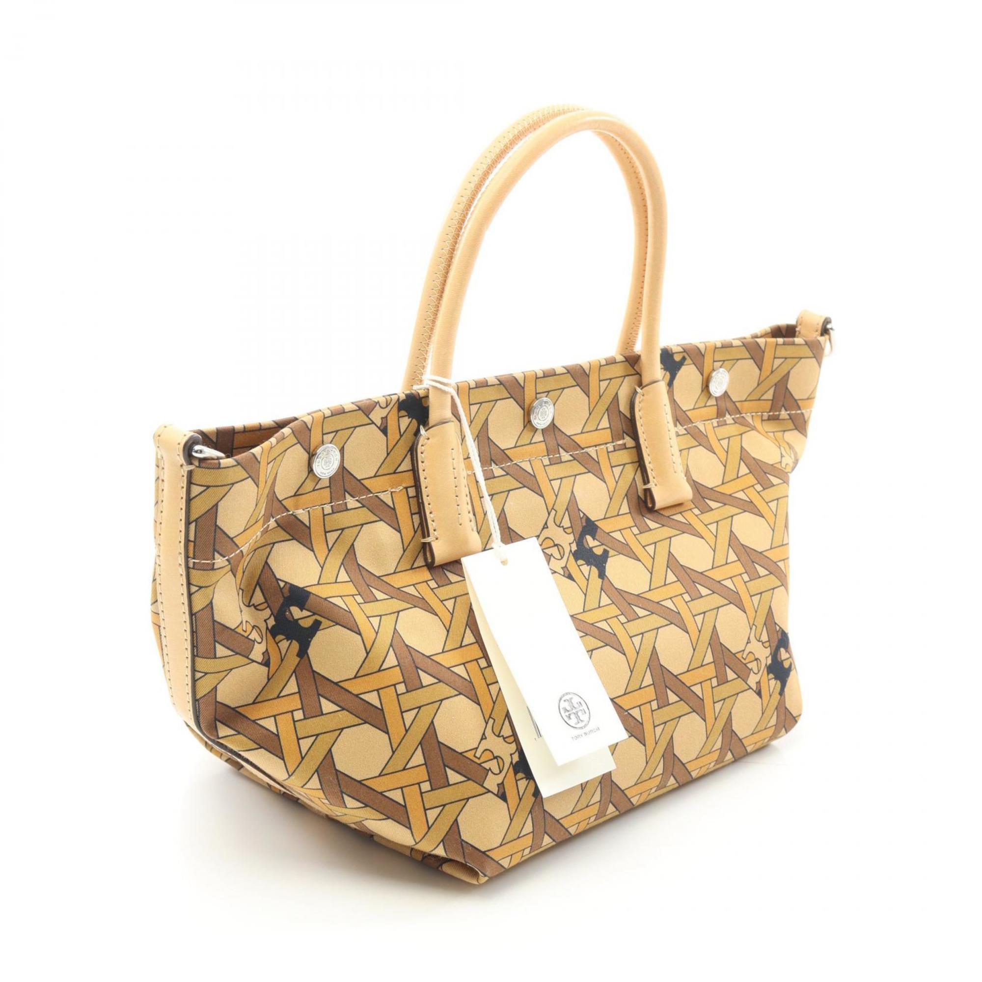 Tory Burch Beige Multi-Color Canvas Leather Basket Tote Bag (Pre-Owned)
