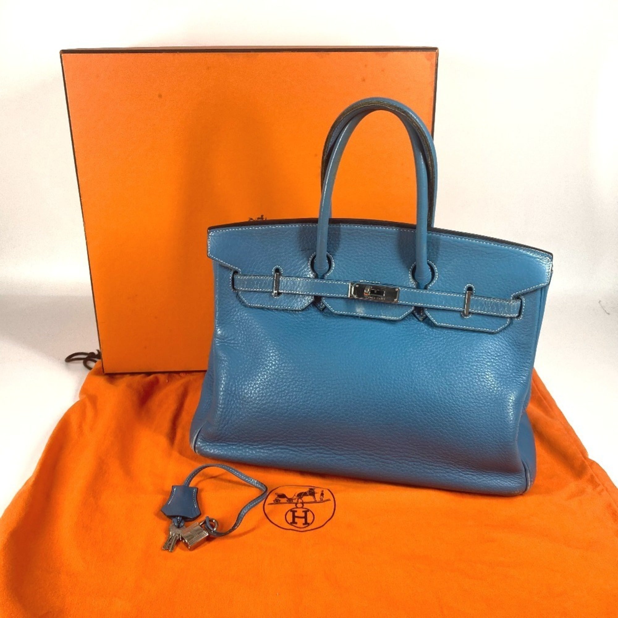 Hermes Birkin Blue Taurillon Clemence Leather Handbag Tote Bag (Pre-Owned)