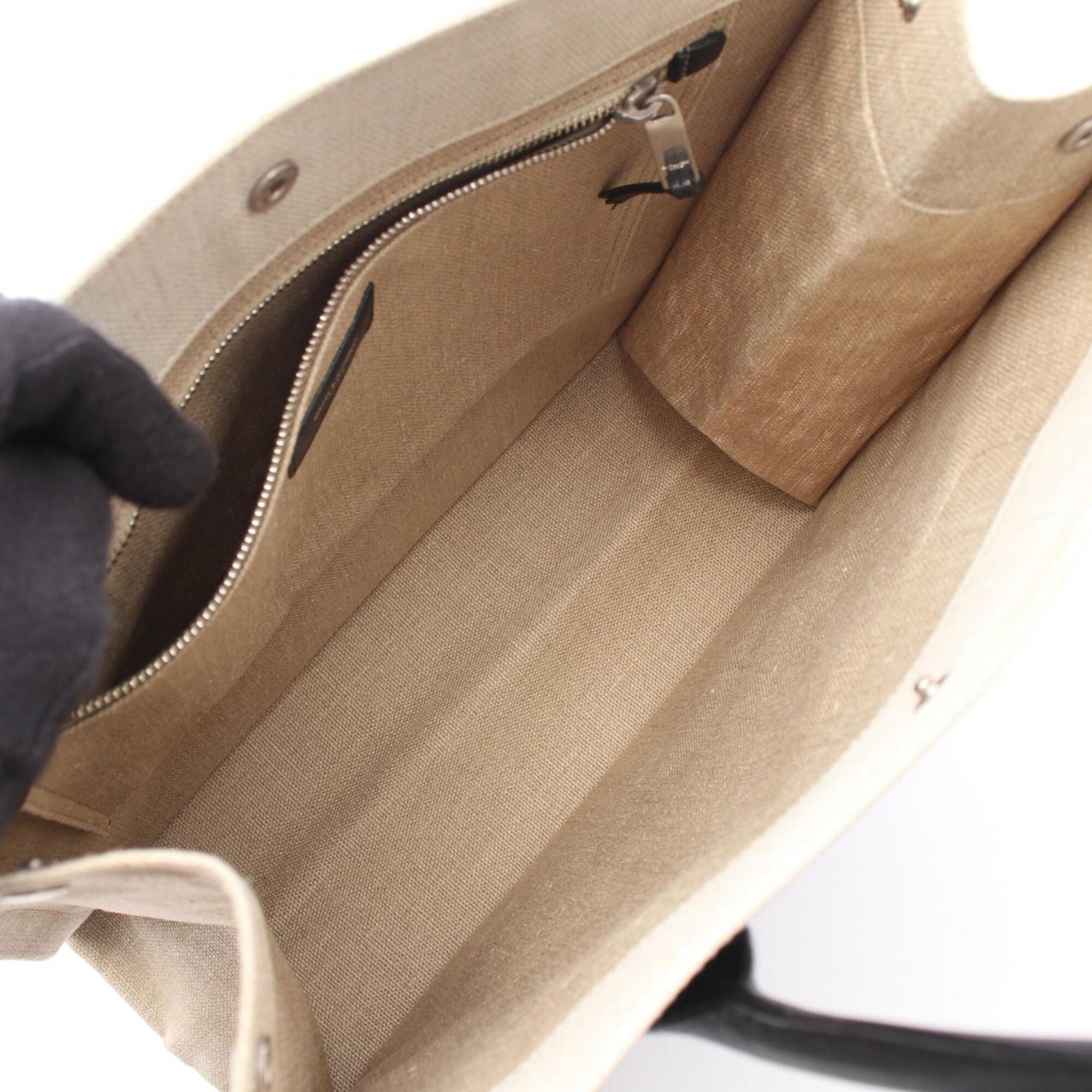 Saint Laurent Beige Black Canvas Leather Handbag Tote Bag (Pre-Owned)