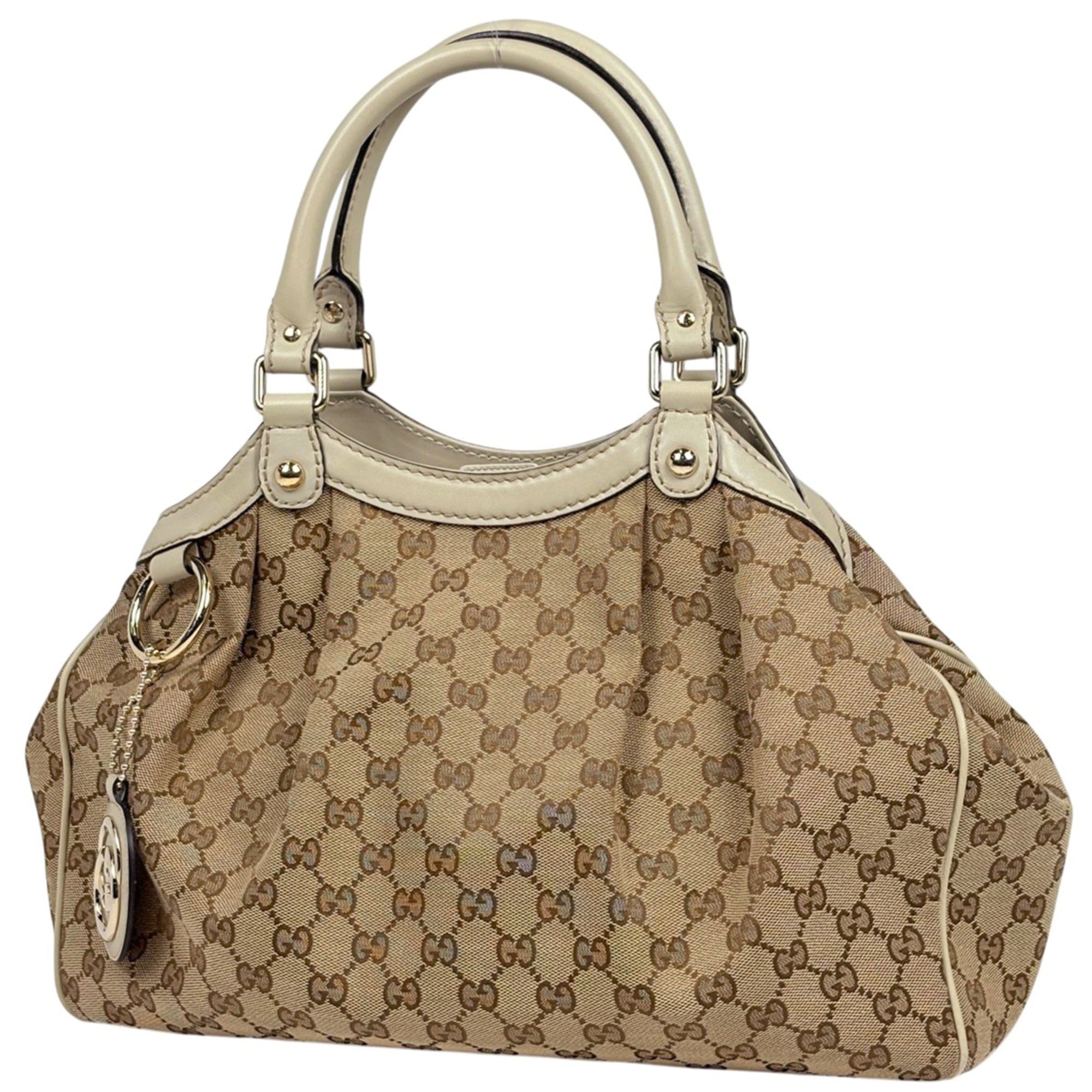 Gucci Beige Ivory Gg Canvas Leather Handbag (Pre-Owned)