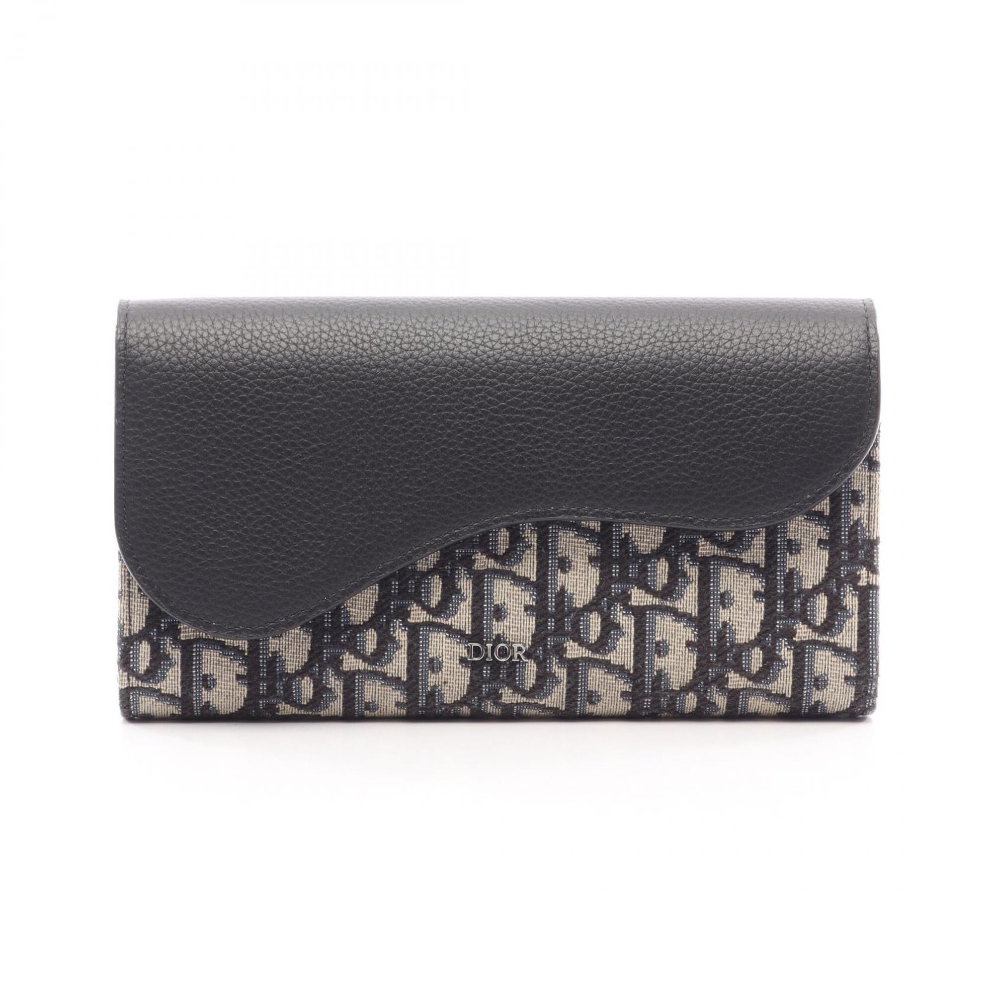Christian Dior Beige Black Navy Canvas Leather Long Wallet (Bi-Fold) (Pre-Owned)