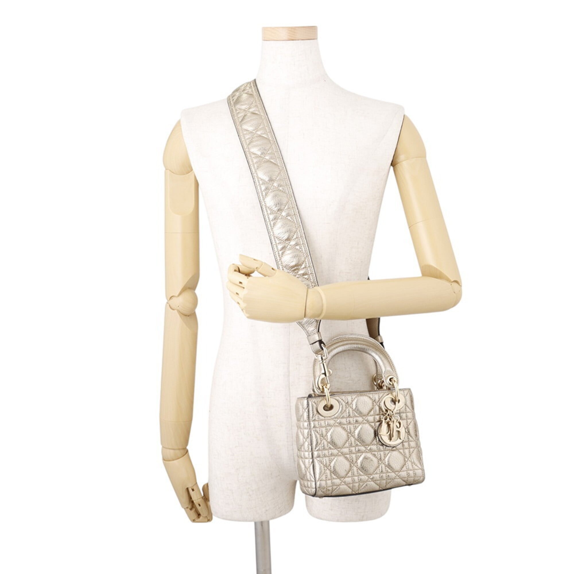 Christian Dior Lady Dior Gold Leather Handbag Shoulder Bag (Pre-Owned)