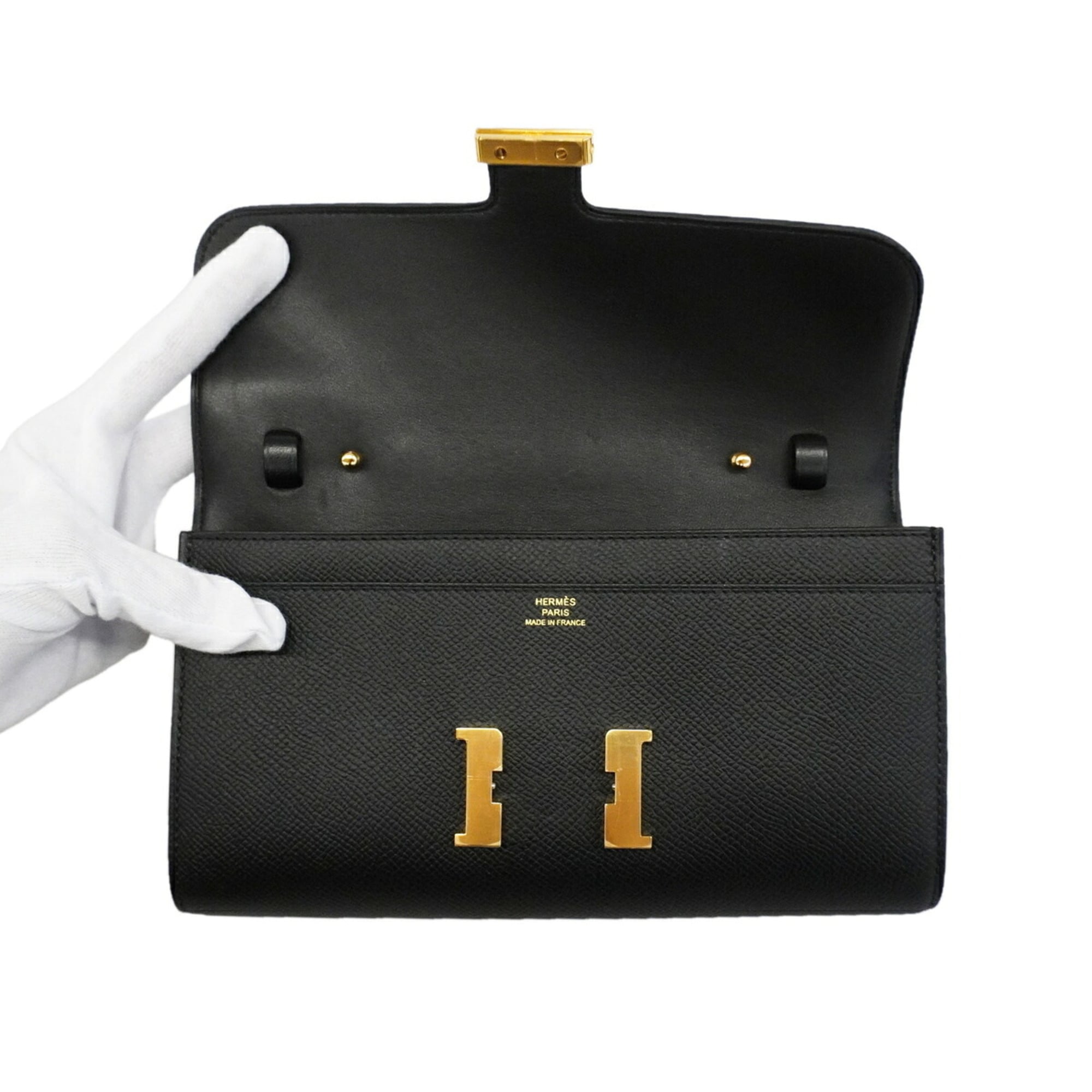 Hermes Black Epsom Leather Leather Chain/Shoulder Wallet (Pre-Owned)