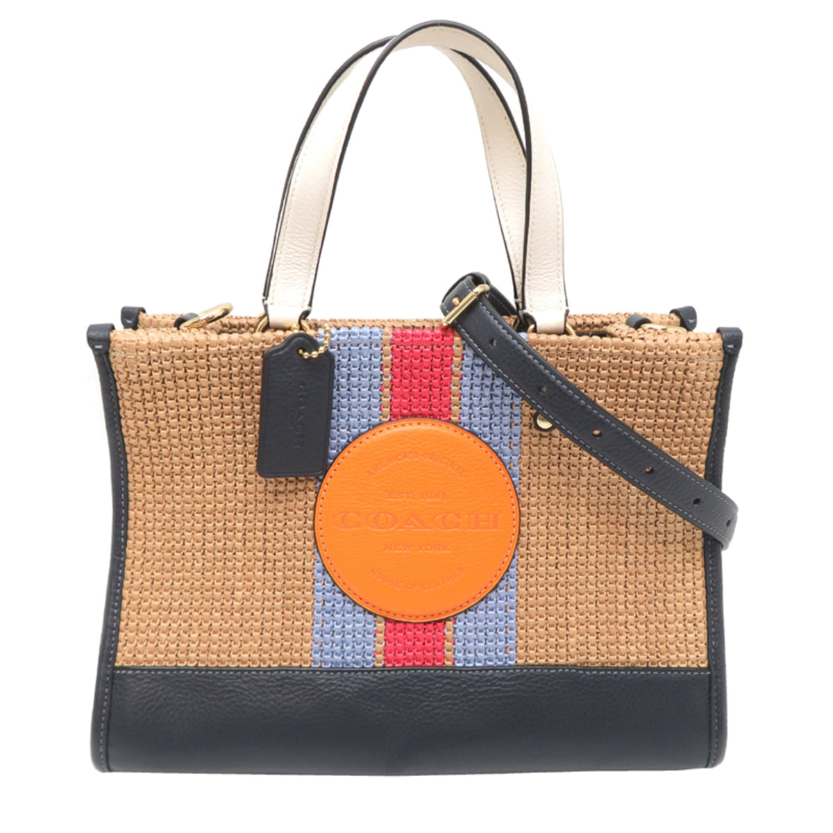 Coach Brown Navy Straw Leather Handbag (Pre-Owned)