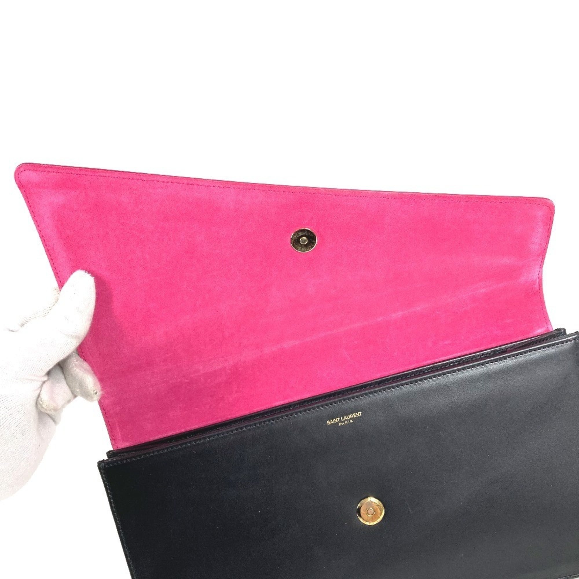 Yves Saint Laurent Black Pink Leather Clutch Bag Handbag (Pre-Owned)
