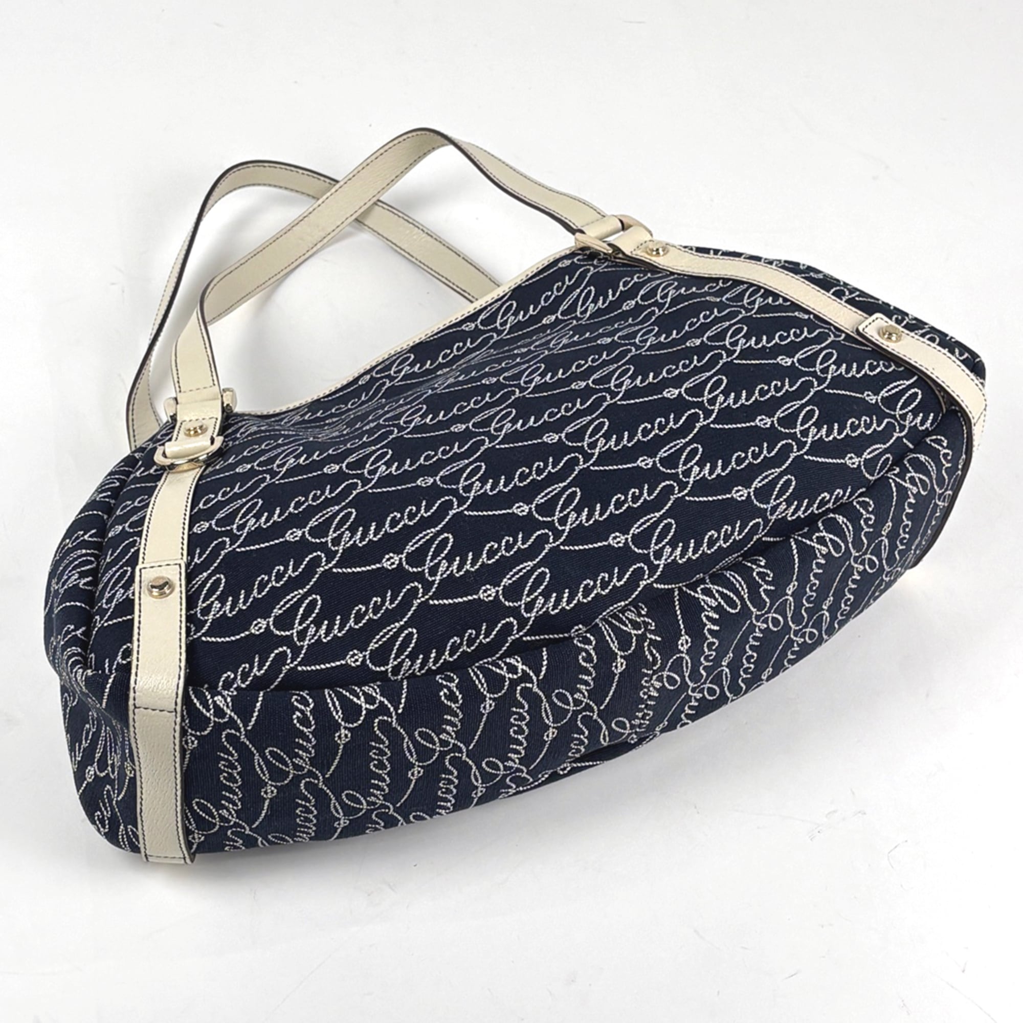 Gucci Abbey Navy White Canvas Leather Tote Bag (Pre-Owned)