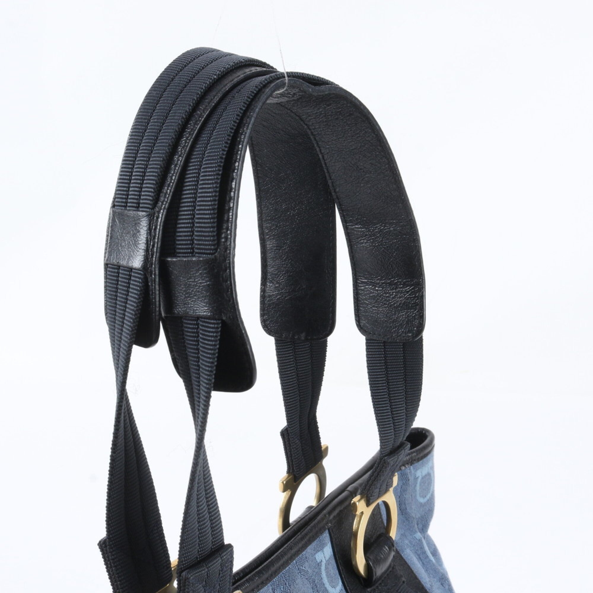 Salvatore Ferragamo Gancini Blue Navy Canvas Leather Handbag Tote Bag (Pre-Owned)