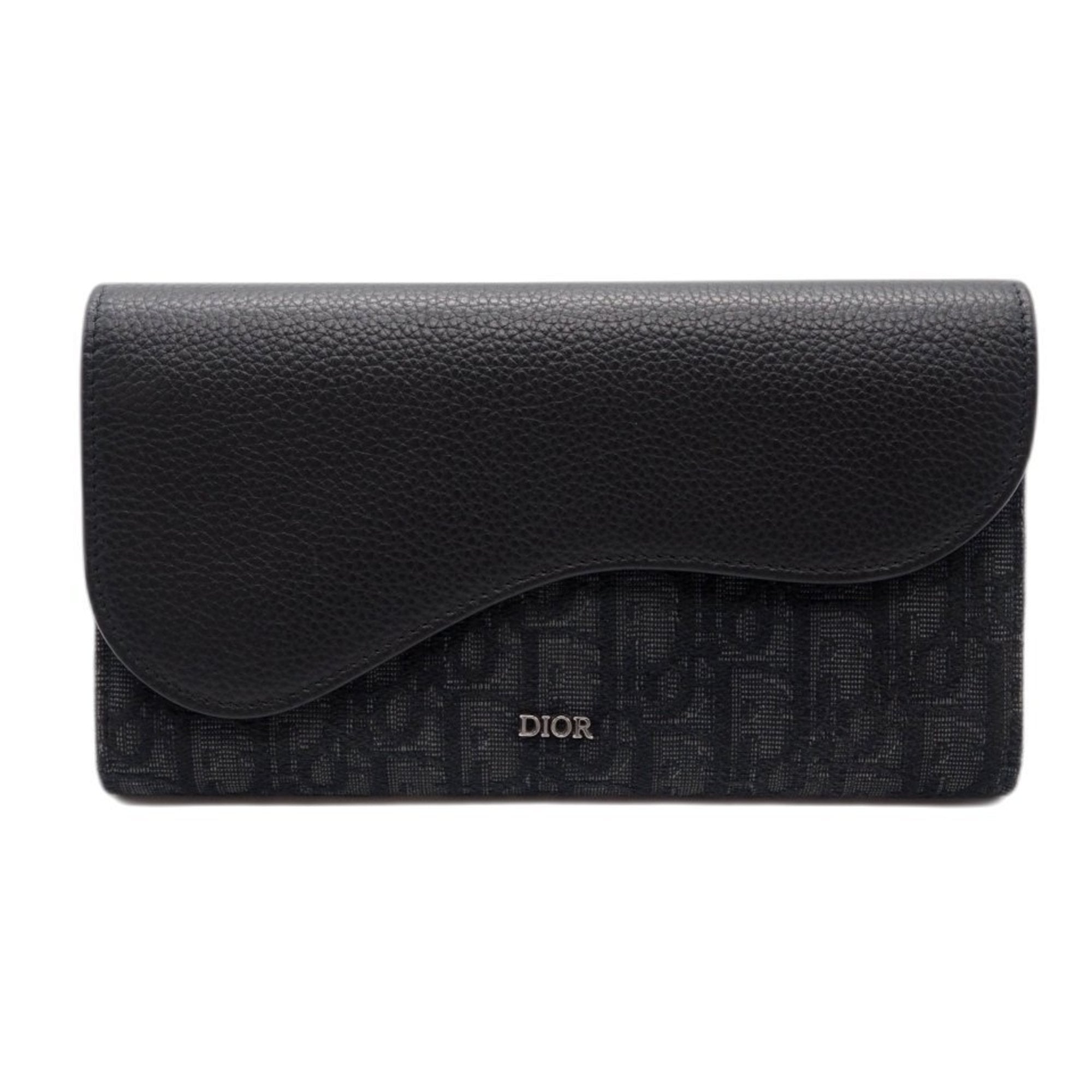 Christian Dior Black Gray Leather Canvas Long Wallet (Bi-Fold) (Pre-Owned)