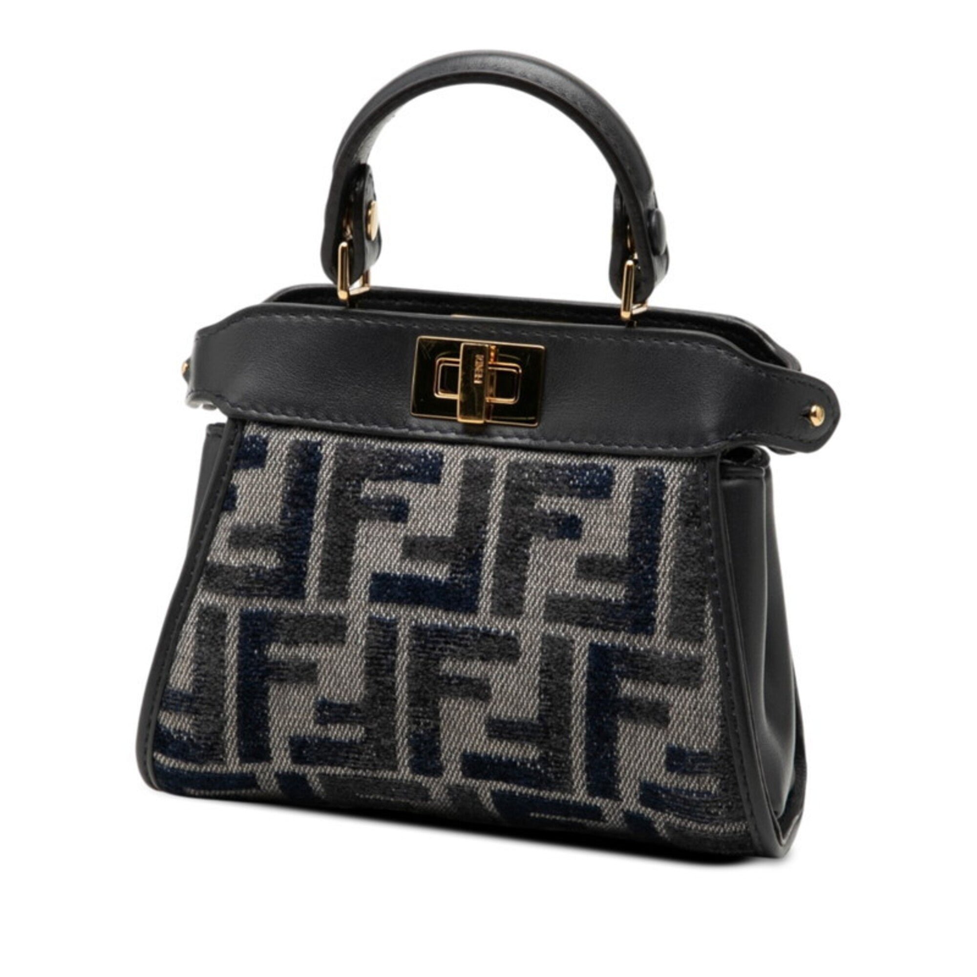 Fendi Navy Leather Canvas Handbag Shoulder Bag (Pre-Owned)