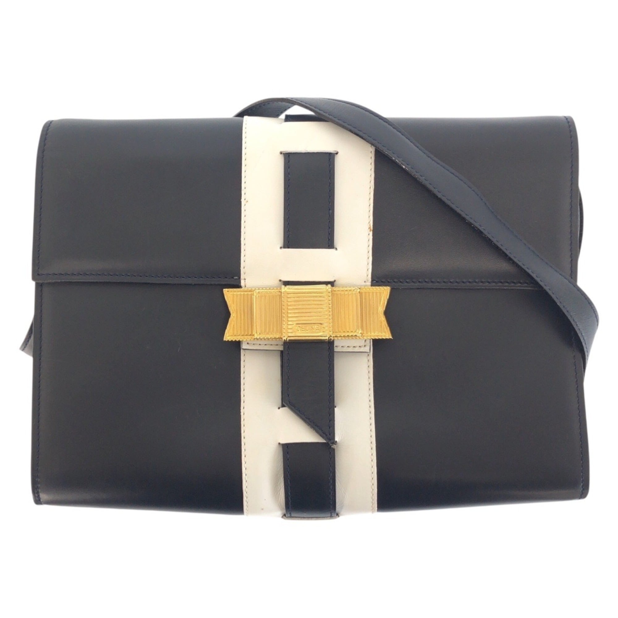 Celine Navy White Leather Pochette Shoulder Bag (Pre-Owned)