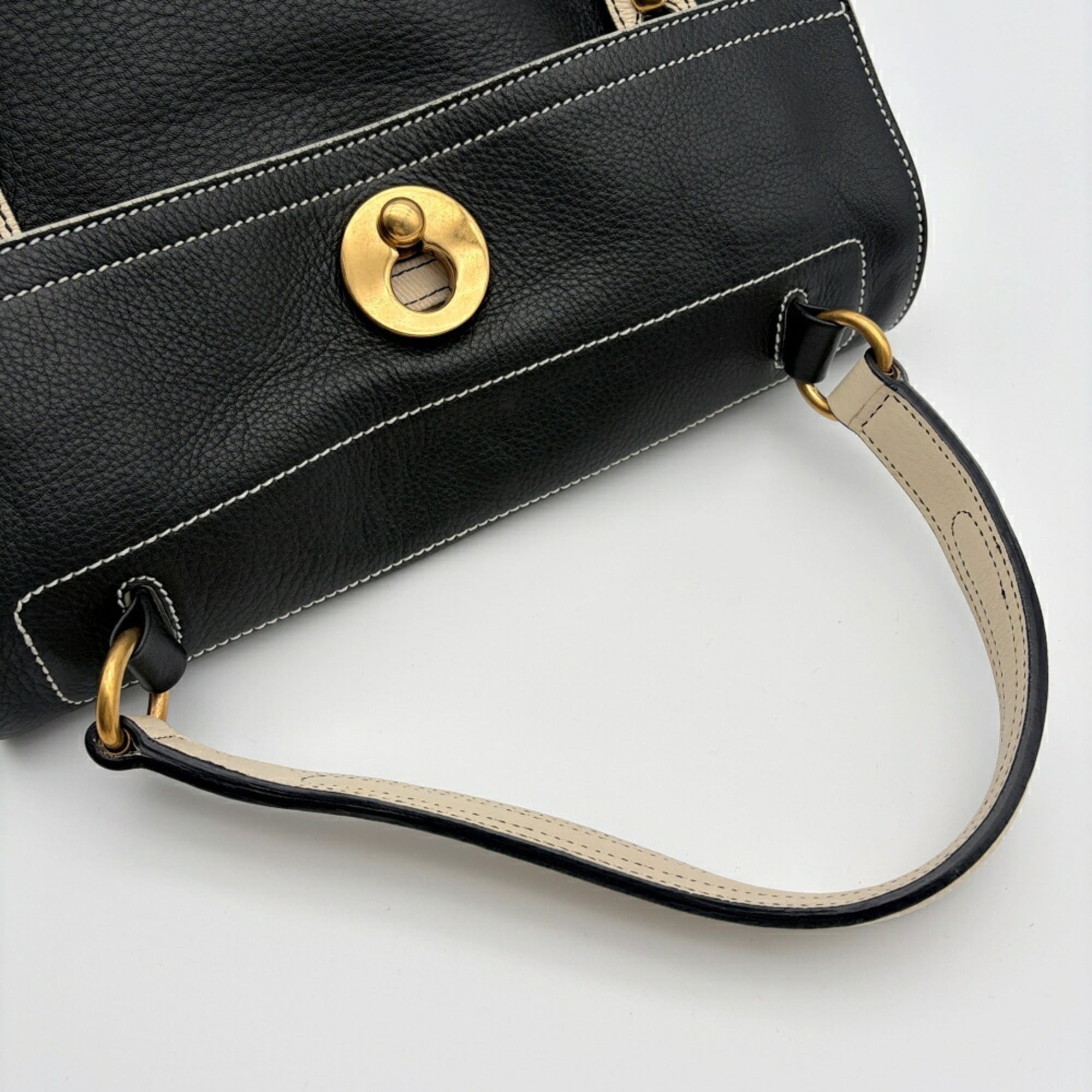 Yves Saint Laurent Black White Leather Canvas Handbag (Pre-Owned)