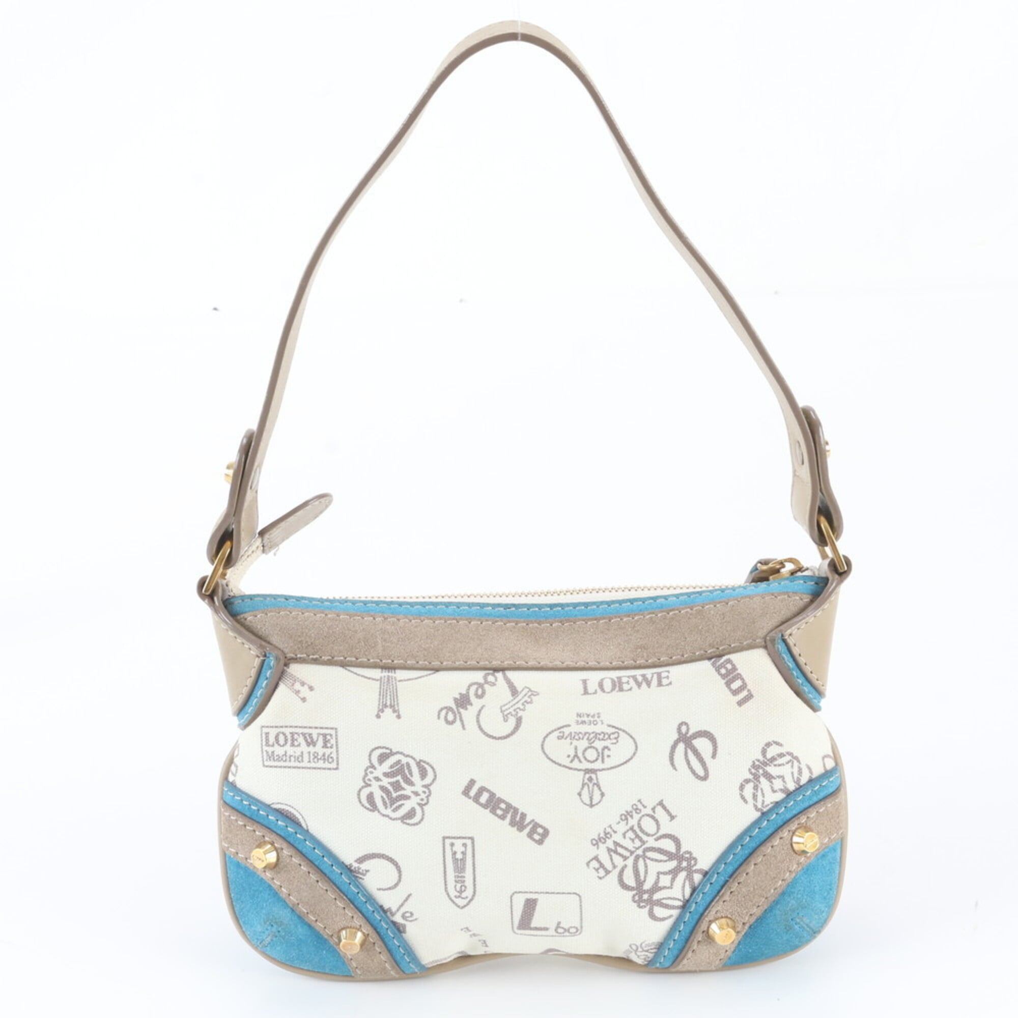 Loewe Beige Blue Leather Canvas Handbag Shoulder Bag Tote Bag (Pre-Owned)