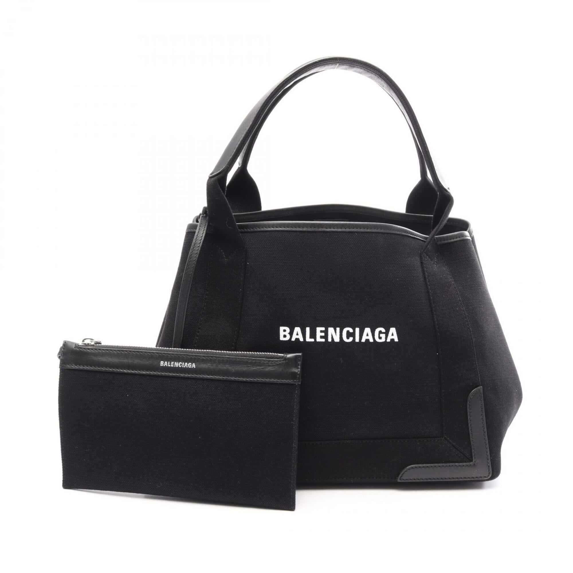 Balenciaga Black Navy Leather Canvas Handbag Tote Bag (Pre-Owned)