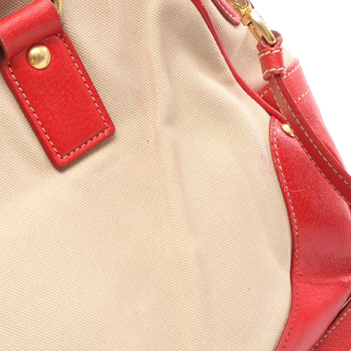 Prada Beige Red Color Canvas Leather Handbag (Pre-Owned)