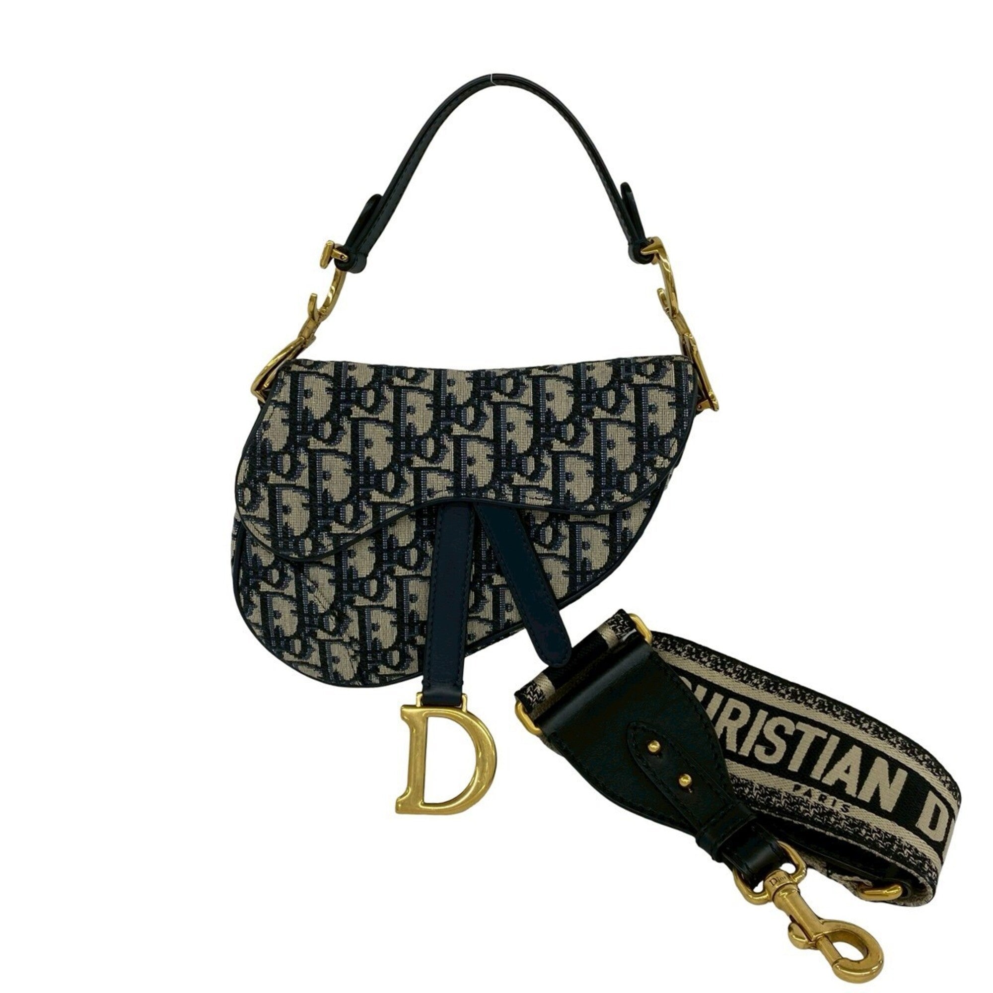 Christian Dior Navy Canvas Leather Handbag Saddle Bag Shoulder Bag (Pre-Owned)