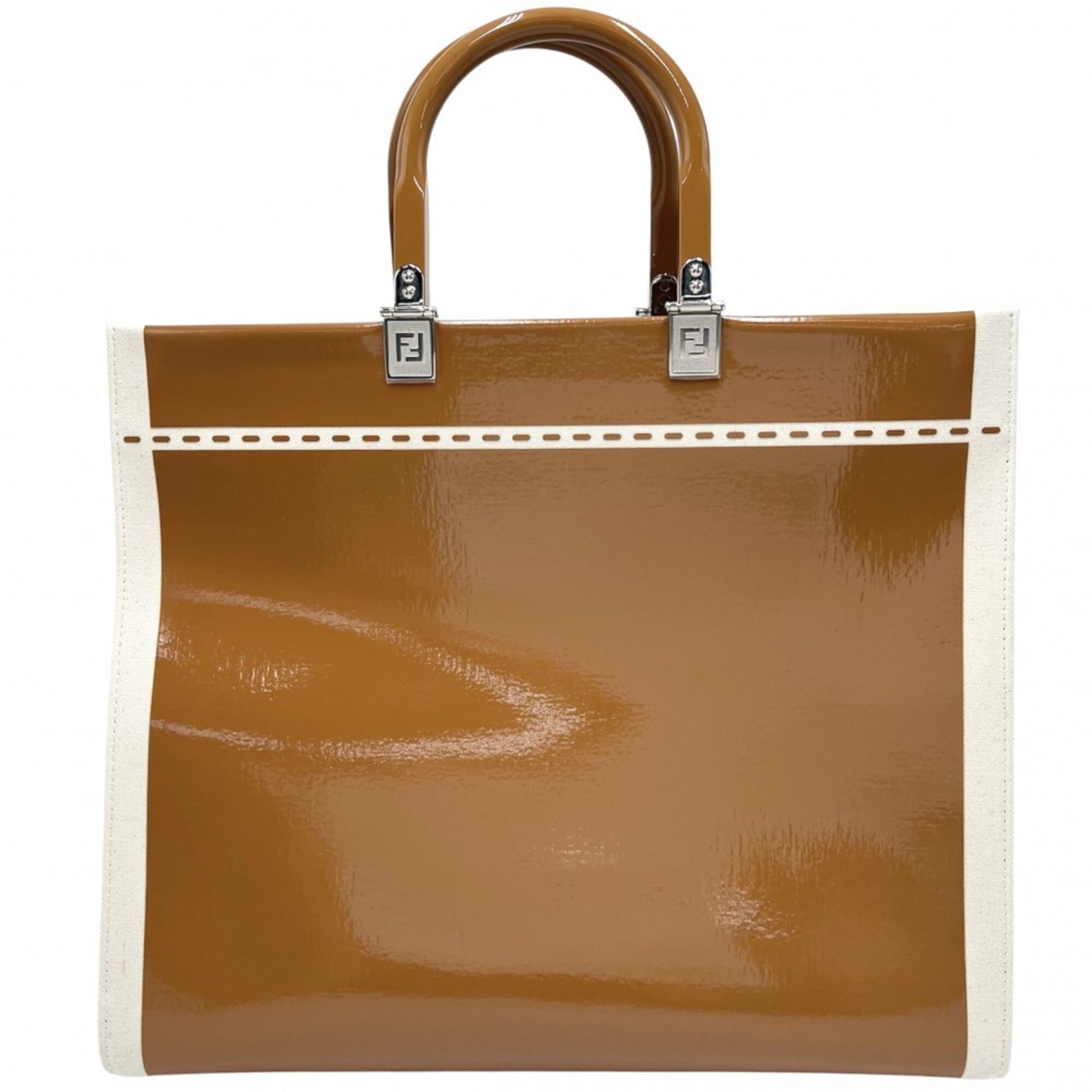 Fendi Brown Ivory Canvas Patent Leather Handbag Shoulder Bag Tote Bag (Pre-Owned)