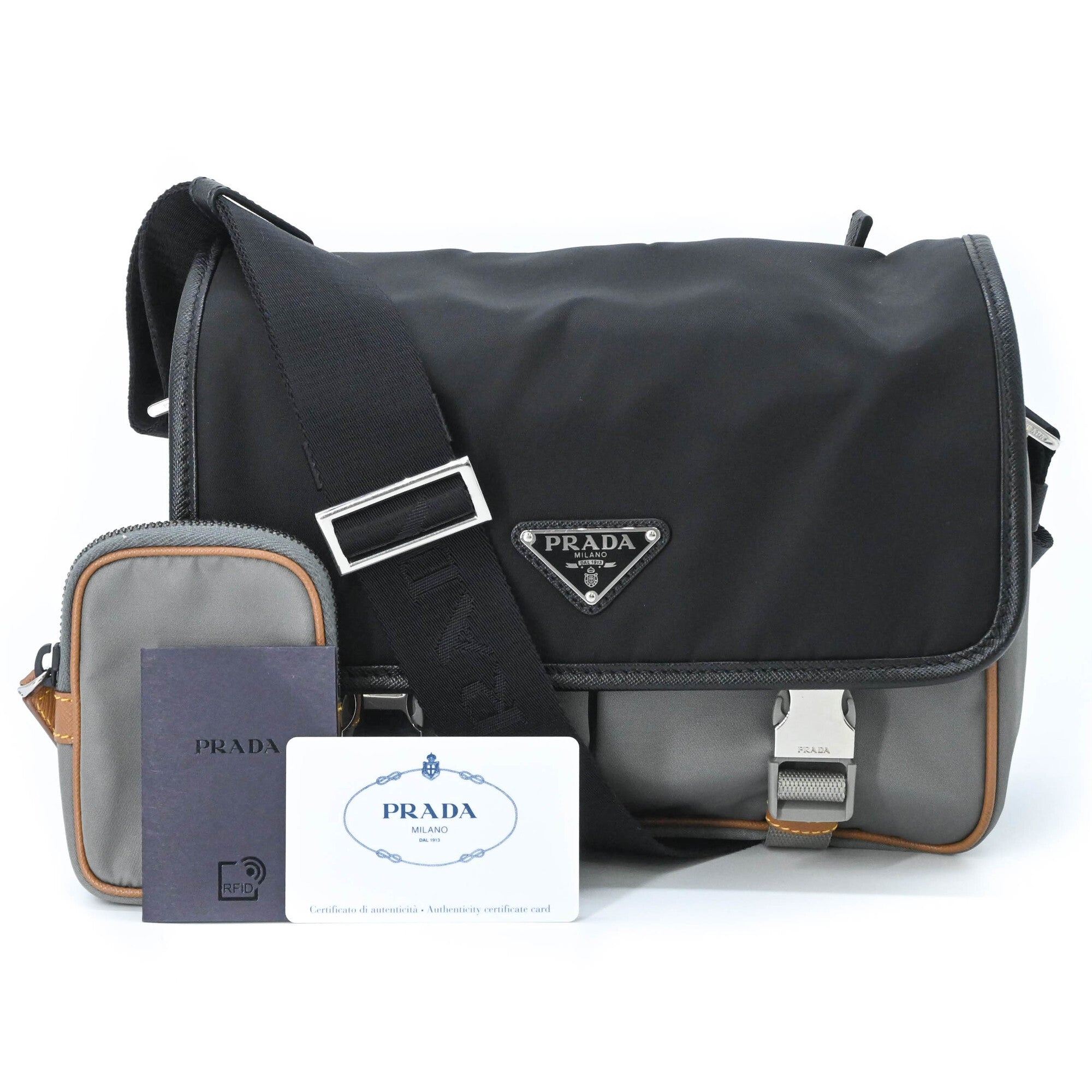 Prada Black Gray Brown Nylon Leather Shoulder Bag (Pre-Owned)
