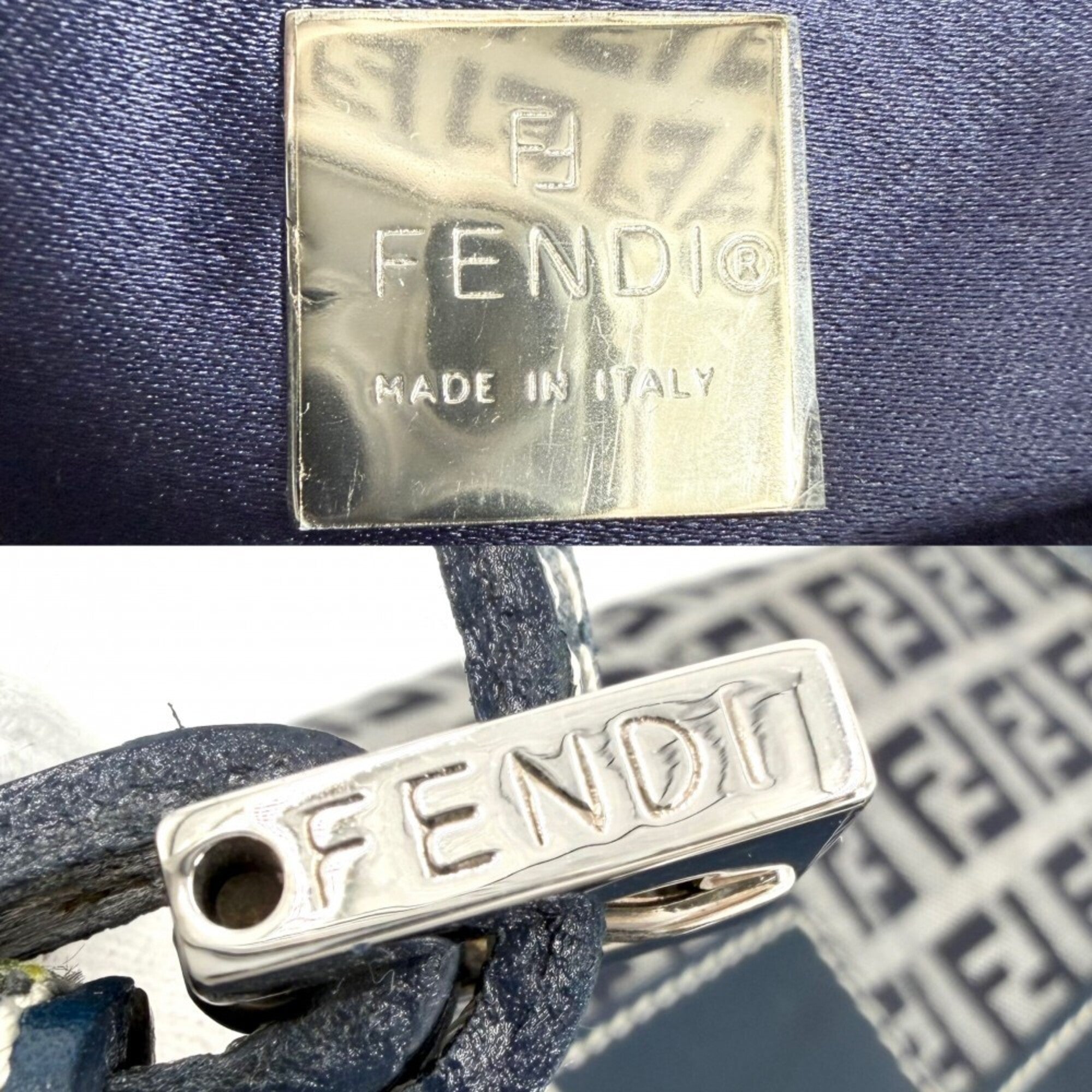 Fendi Zucchino Navy Canvas Leather Handbag Shoulder Bag (Pre-Owned)