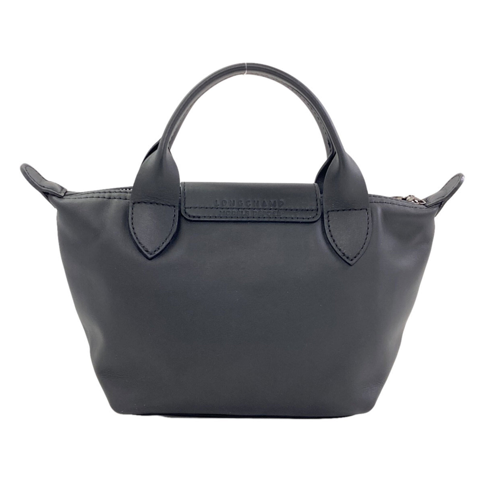 Longchamp Le Pliage Black Leather Handbag (Pre-Owned)