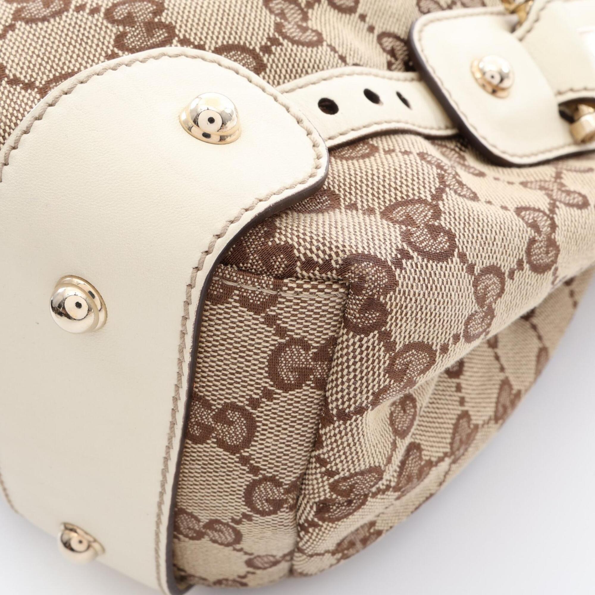 Gucci Beige White Canvas Leather Handbag Shoulder Bag (Pre-Owned)