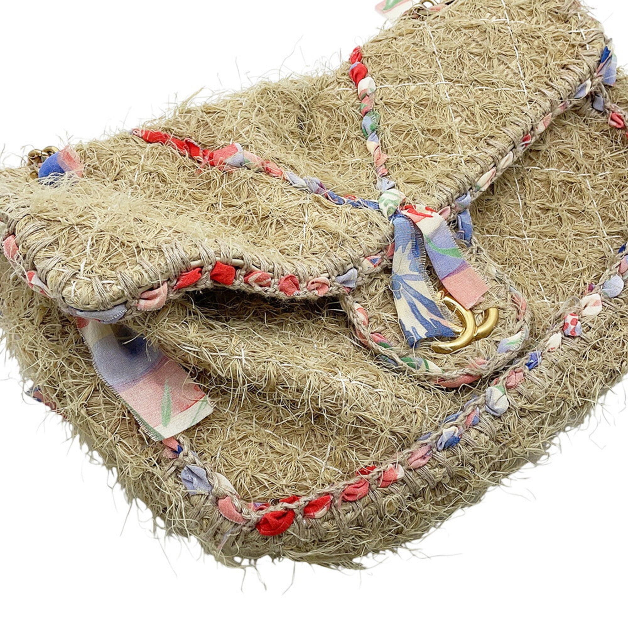 Chanel Beige Multi-Color Raffia Handbag Shoulder Bag (Pre-Owned)