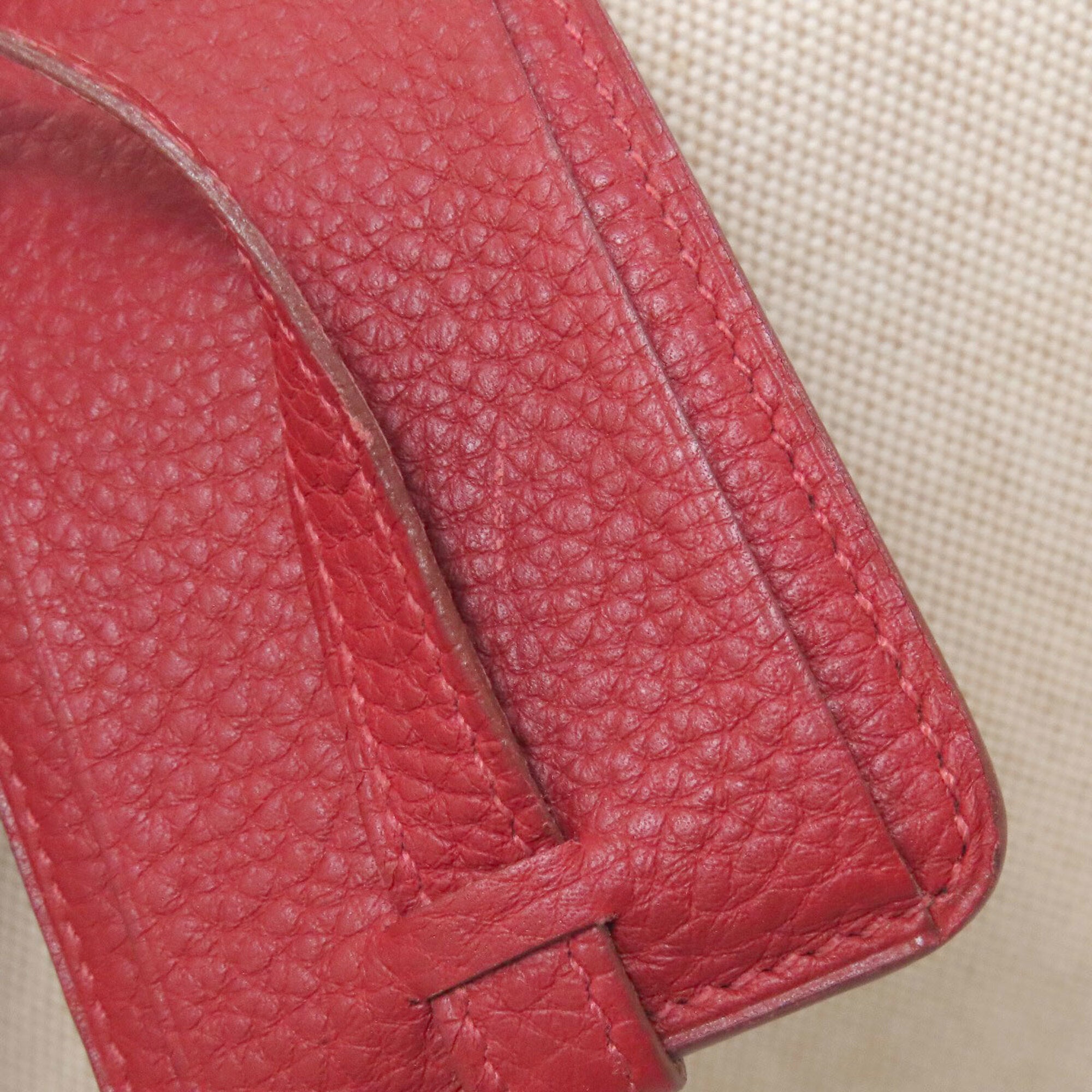Hermes Natural Red Color Toile H Taurillon Clemence Leather Boston Bag (Pre-Owned)