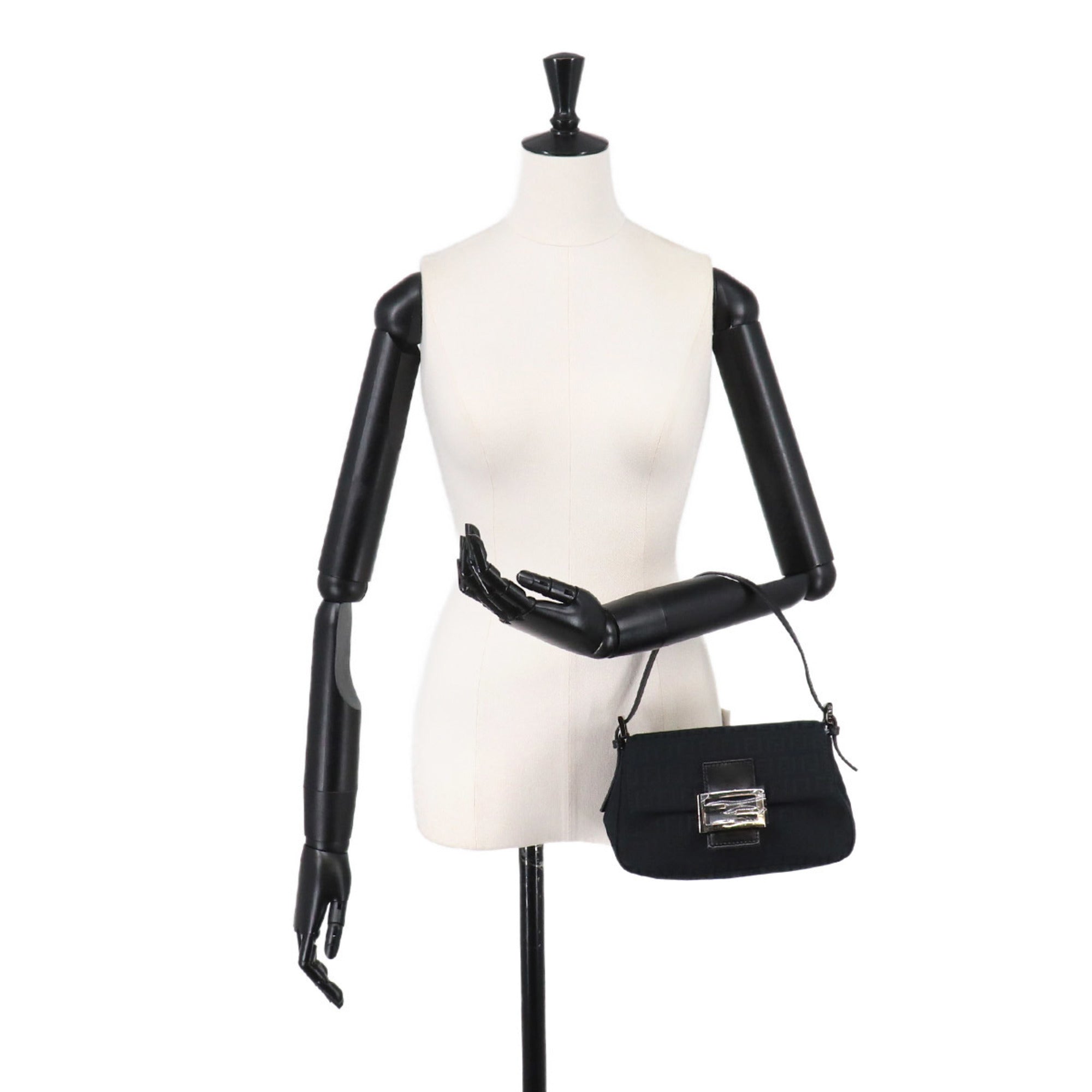 Fendi Zucchino Black Canvas Leather Baguette Bag Handbag Shoulder Bag (Pre-Owned)