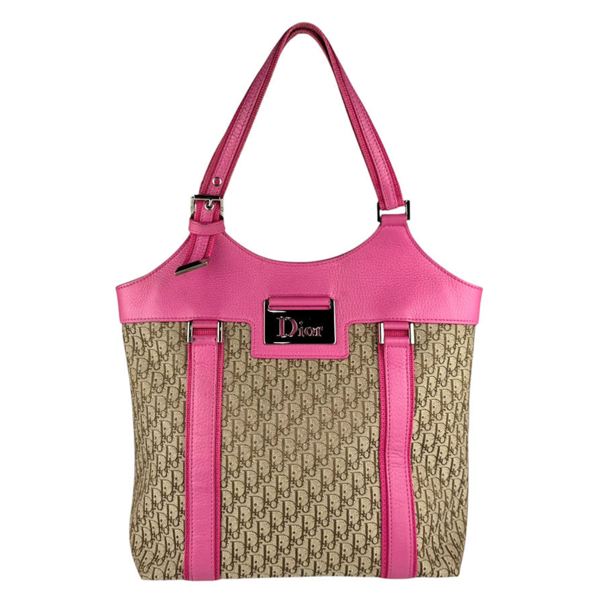 Christian Dior Brown Pink Canvas Leather Handbag (Pre-Owned)