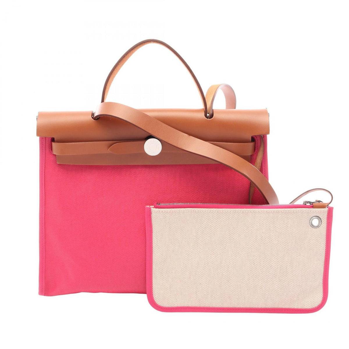 Hermes Brown Pink Toile H Canvas Leather Handbag Pouch (Pre-Owned)
