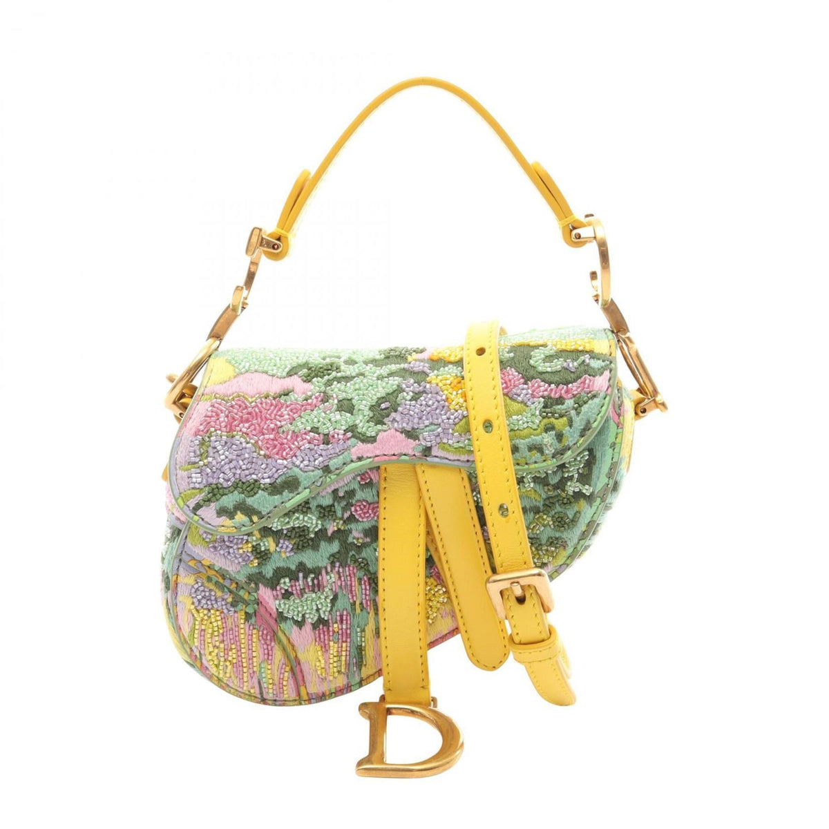 Christian Dior Green Green Multi-Color Yellow Leather Fabric Handbag Saddle Bag (Pre-Owned)