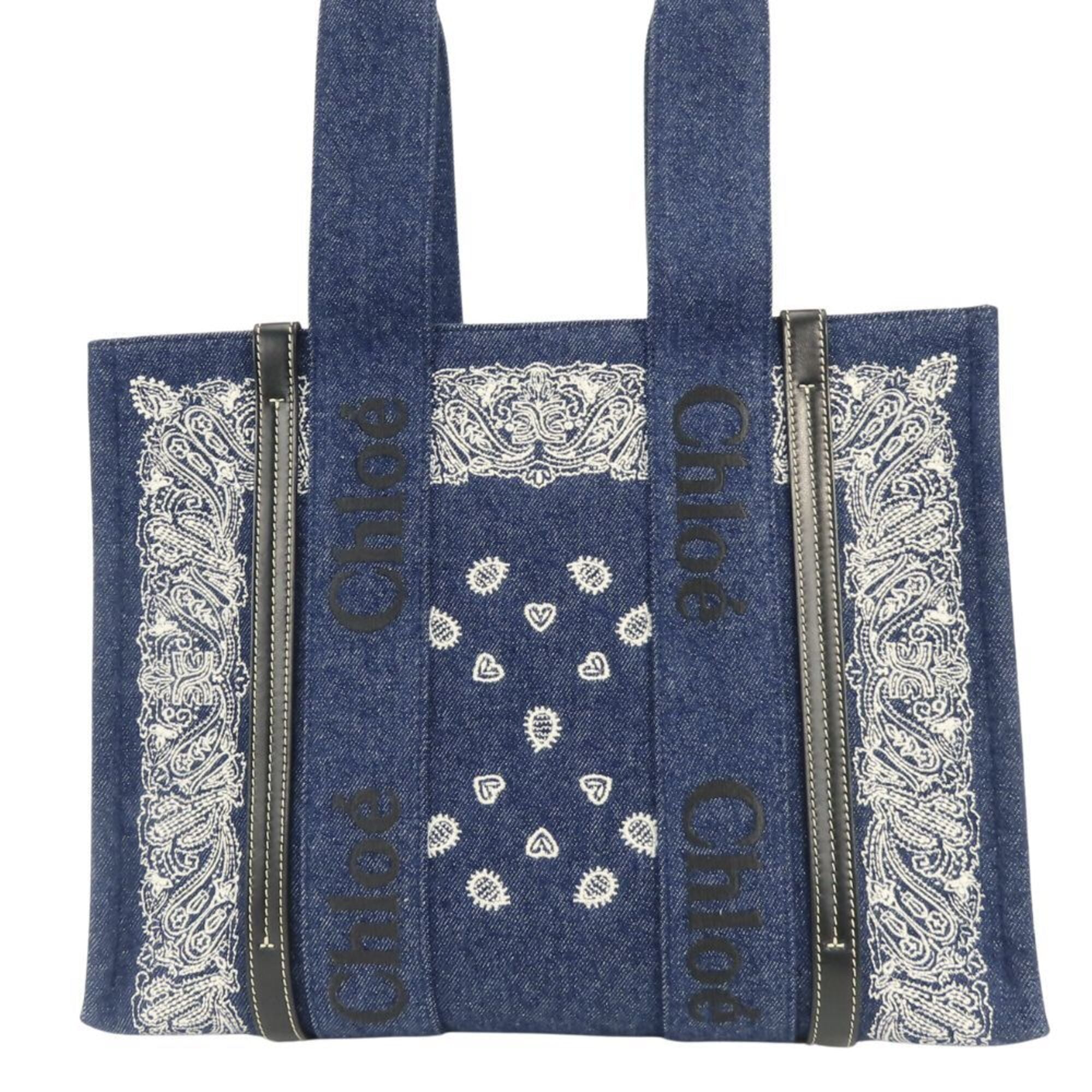 Chloé Blue White Cotton Denim Leather Tote Bag (Pre-Owned)