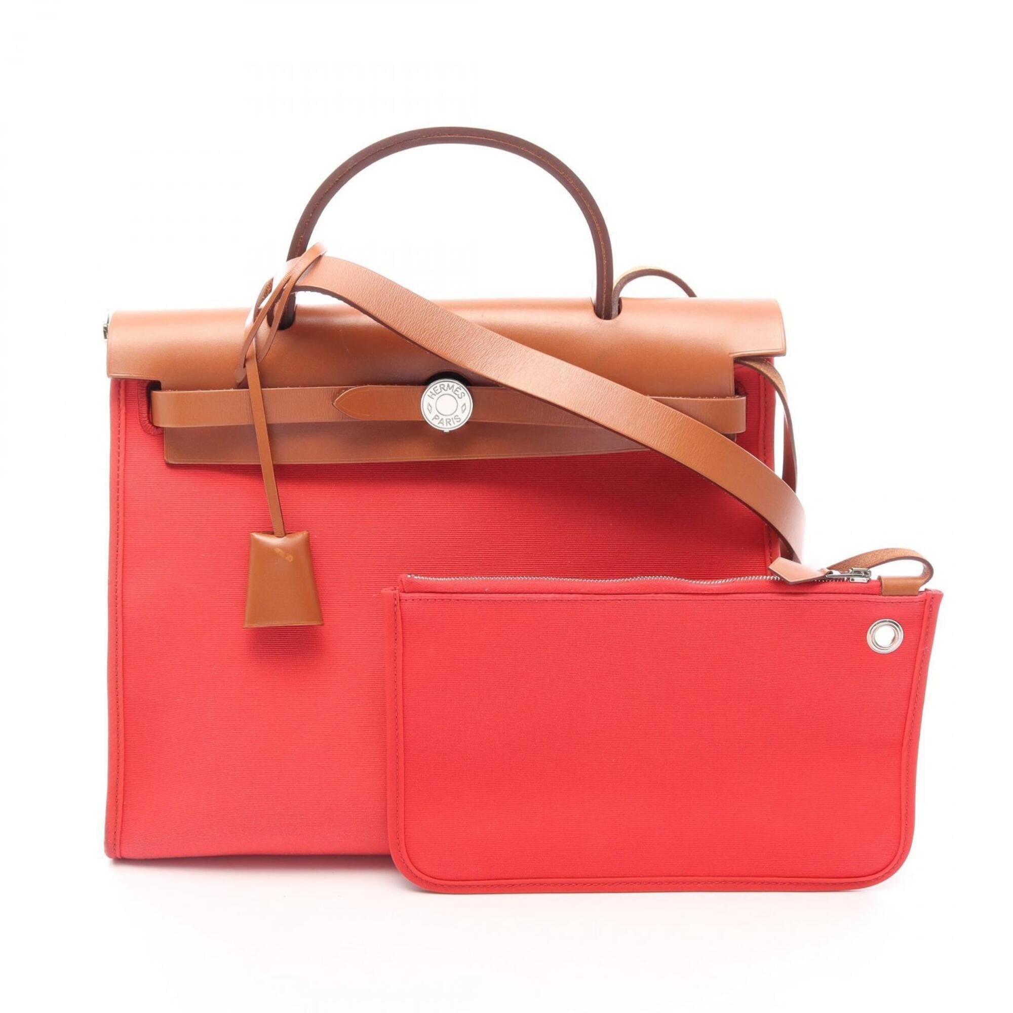 Hermes Brown Red Color Rose Jaipur Canvas Leather Handbag (Pre-Owned)