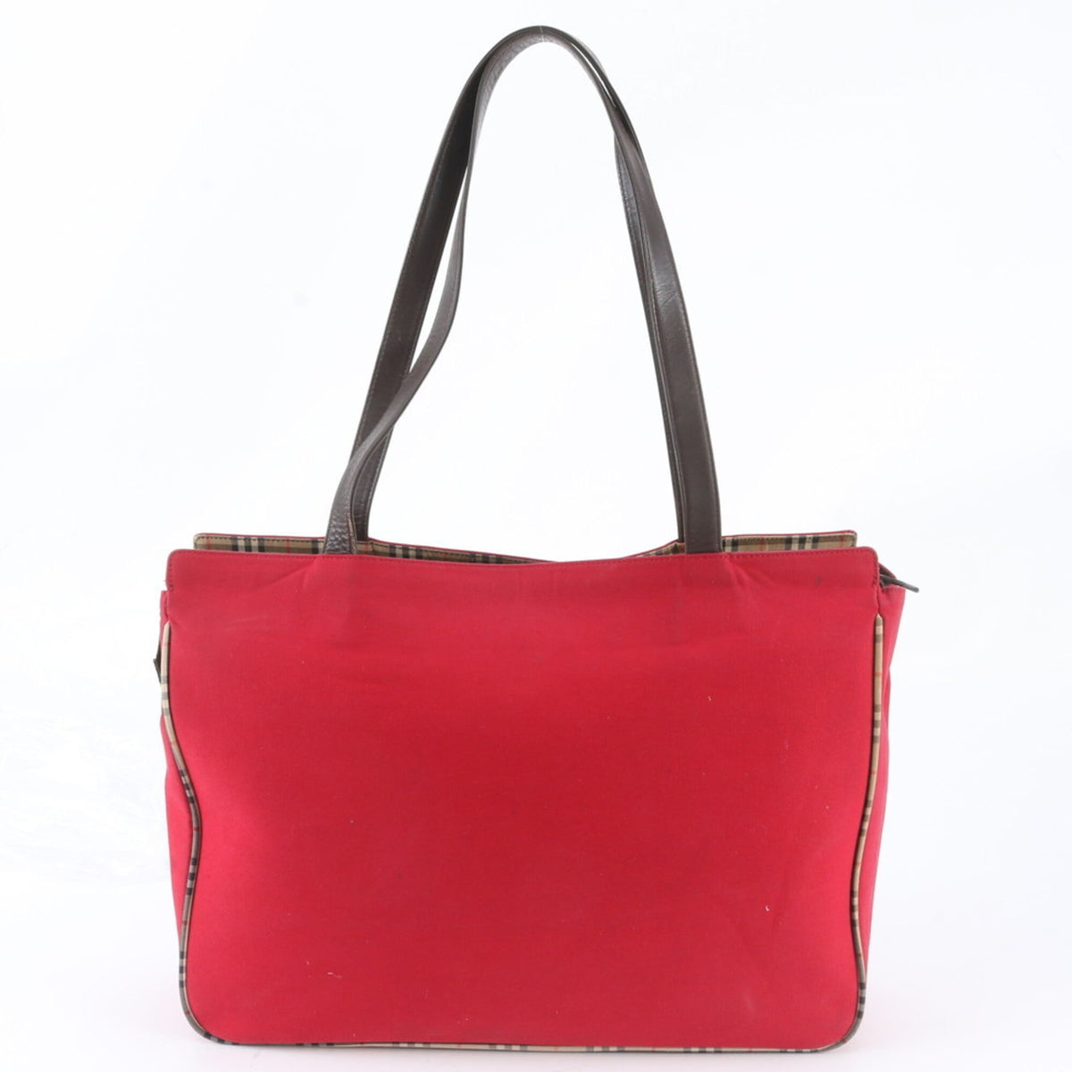 Burberry Red Color Leather Canvas Handbag Shoulder Bag Tote Bag (Pre-Owned)