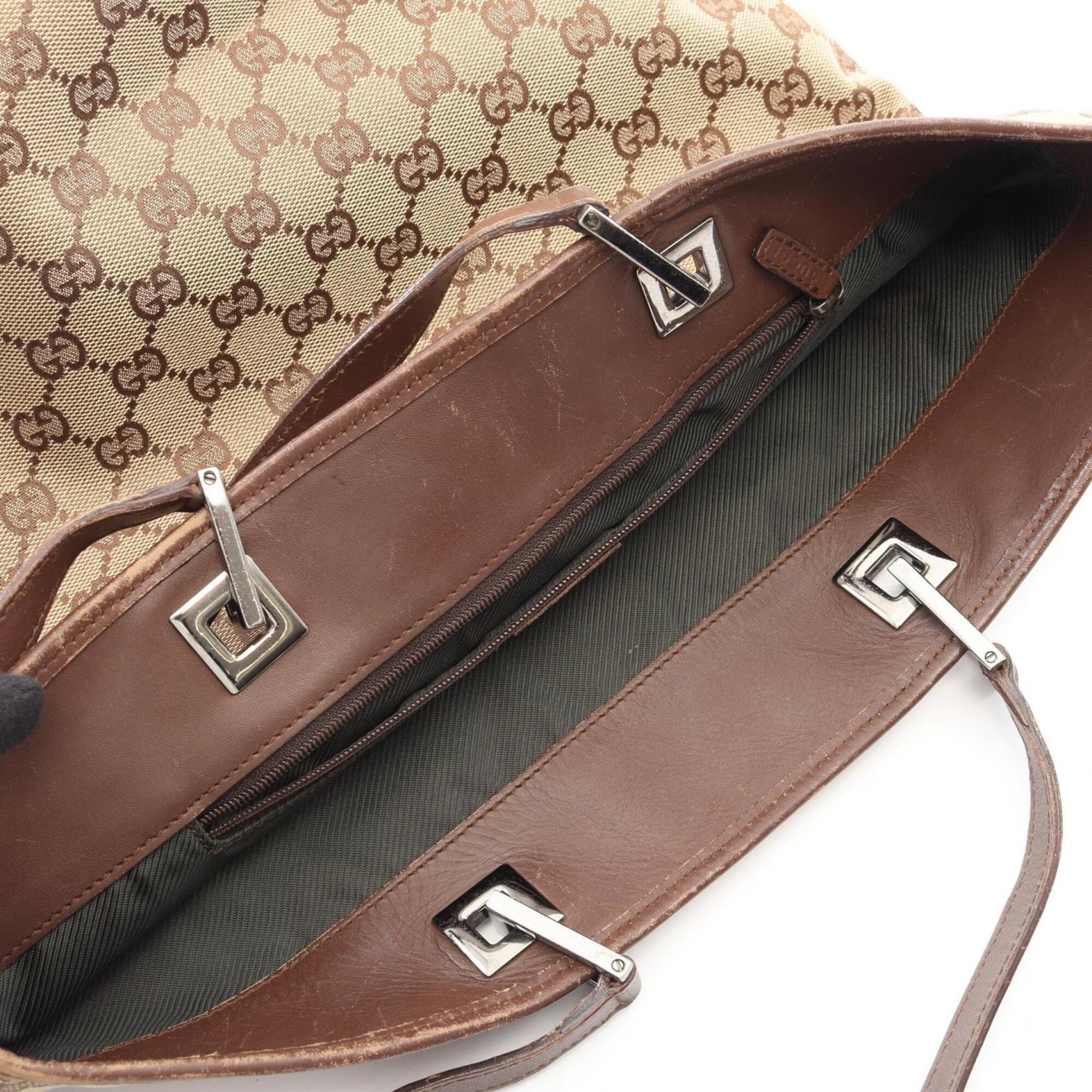 Gucci Beige Brown Canvas Leather Handbag Tote Bag (Pre-Owned)