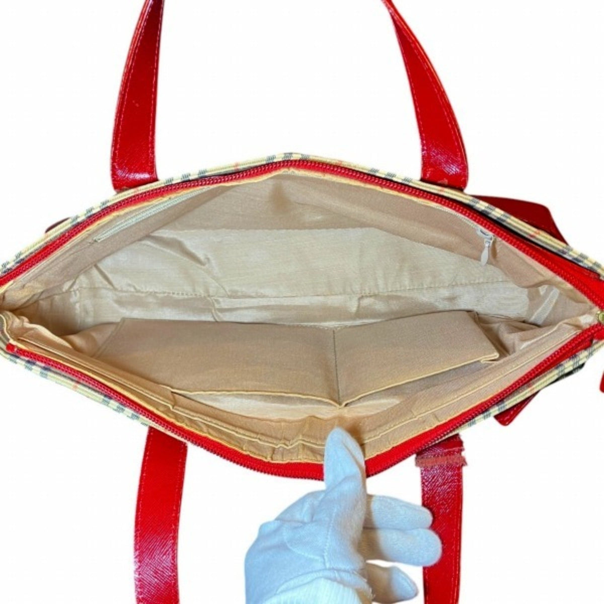 Burberry Beige Red Color Canvas Handbag (Pre-Owned)