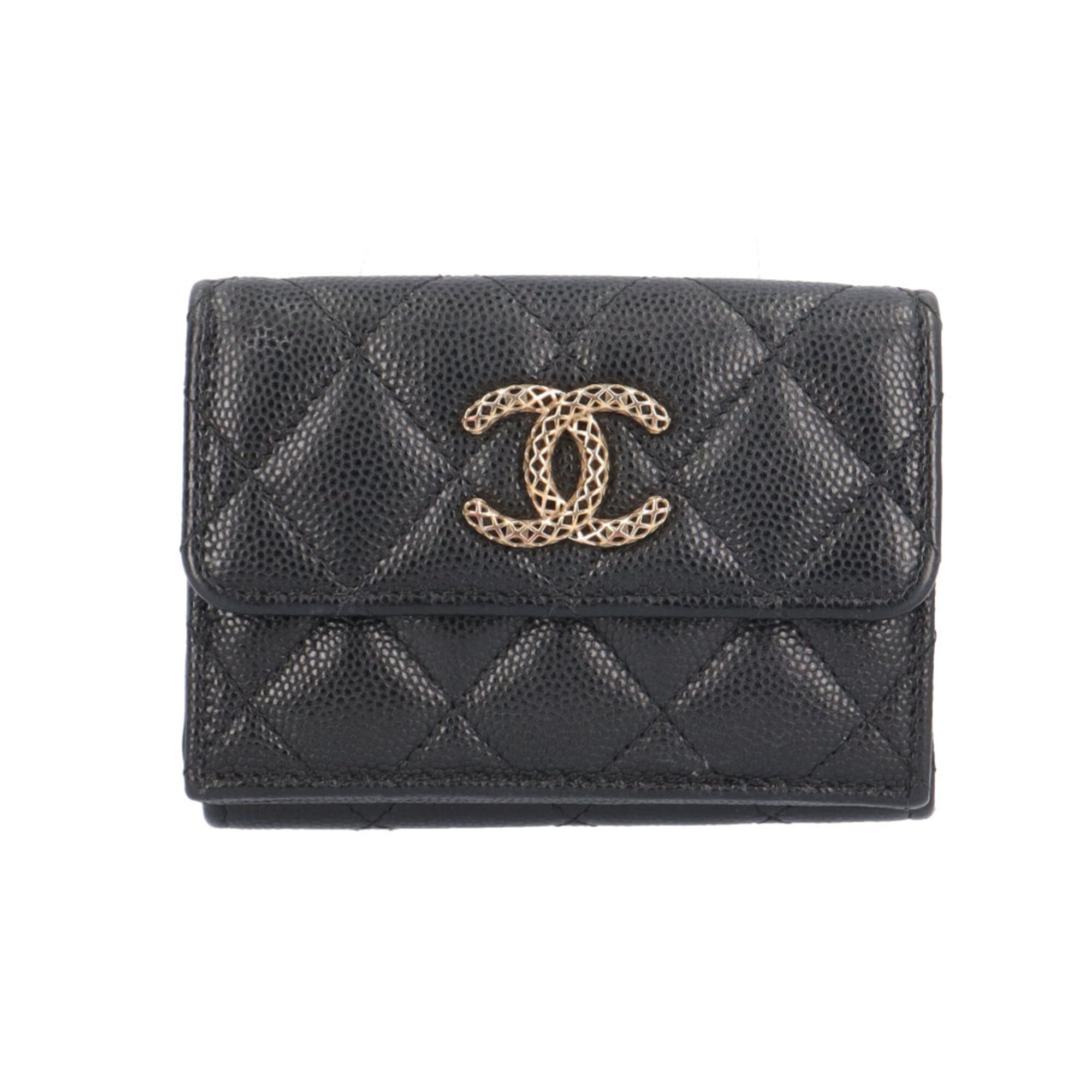 Chanel Black Grained Calfskin Wallet (Tri-Fold) (Pre-Owned)