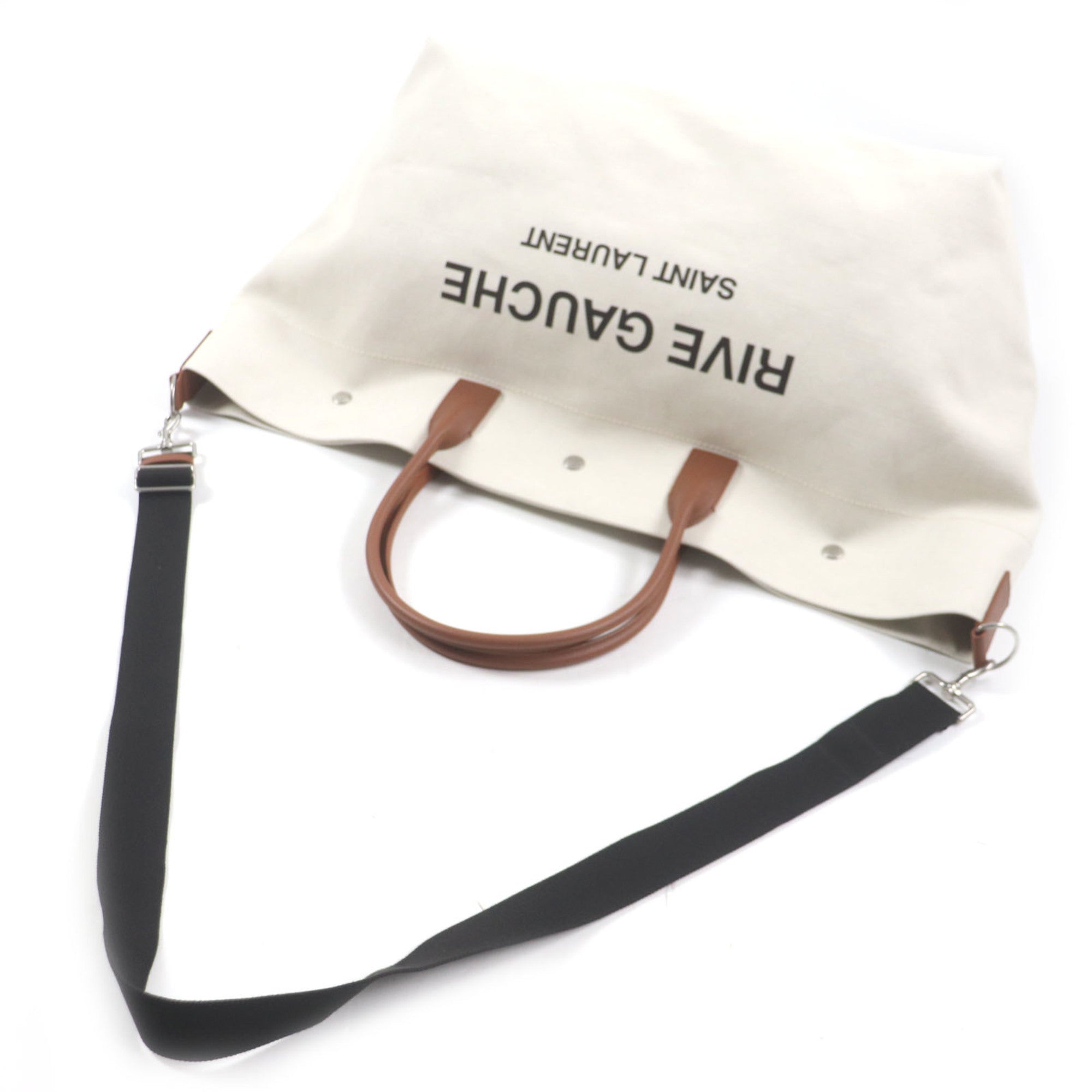 Saint Laurent Beige Brown Canvas Leather Shopping Bag Tote Bag (Pre-Owned)