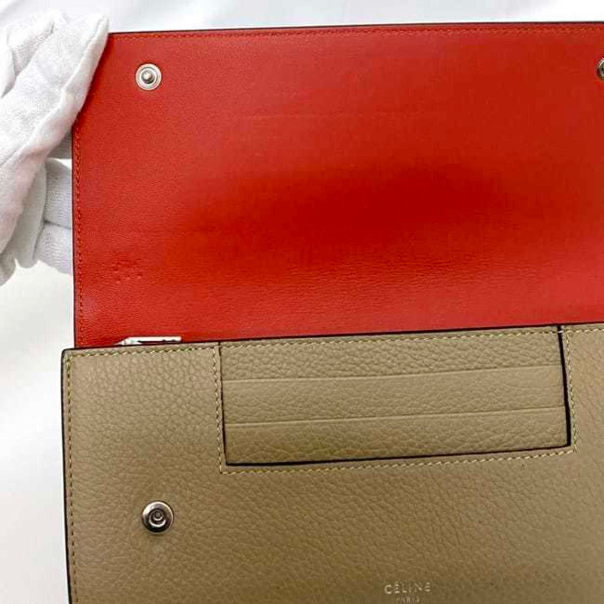 Celine Beige Red Color Leather Long Wallet (Bi-Fold) (Pre-Owned)