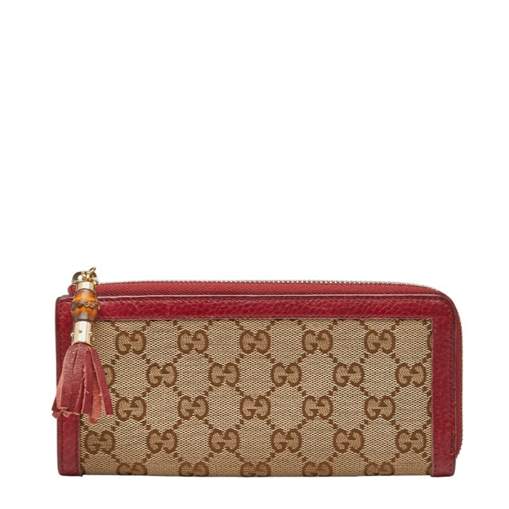 Gucci Brown Red Color Canvas Leather Long Wallet (Bi-Fold) (Pre-Owned)