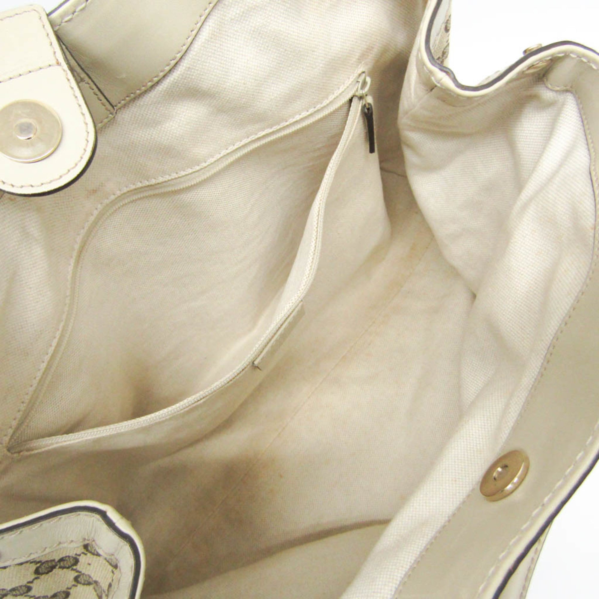 Gucci Beige Brown Cream Leather Canvas Handbag (Pre-Owned)