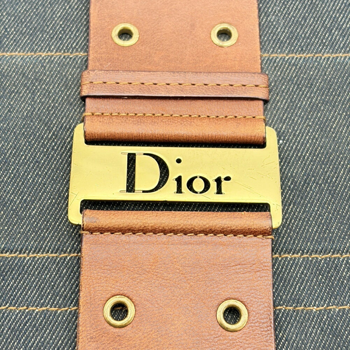 Christian Dior Brown Navy Denim Leather Shoulder Bag (Pre-Owned)