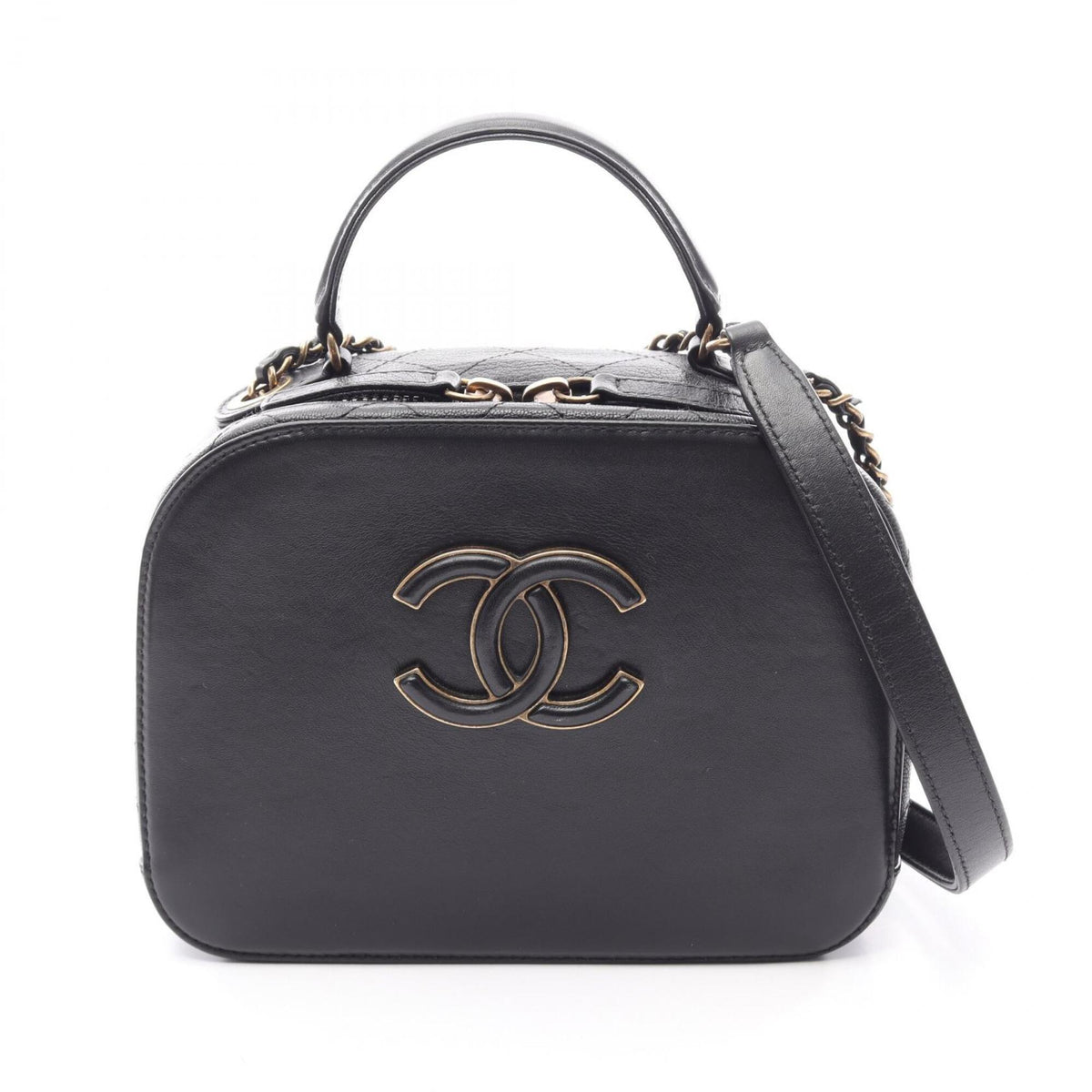 Chanel Black Leather Handbag Shoulder Bag Vanity Bag (Pre-Owned)