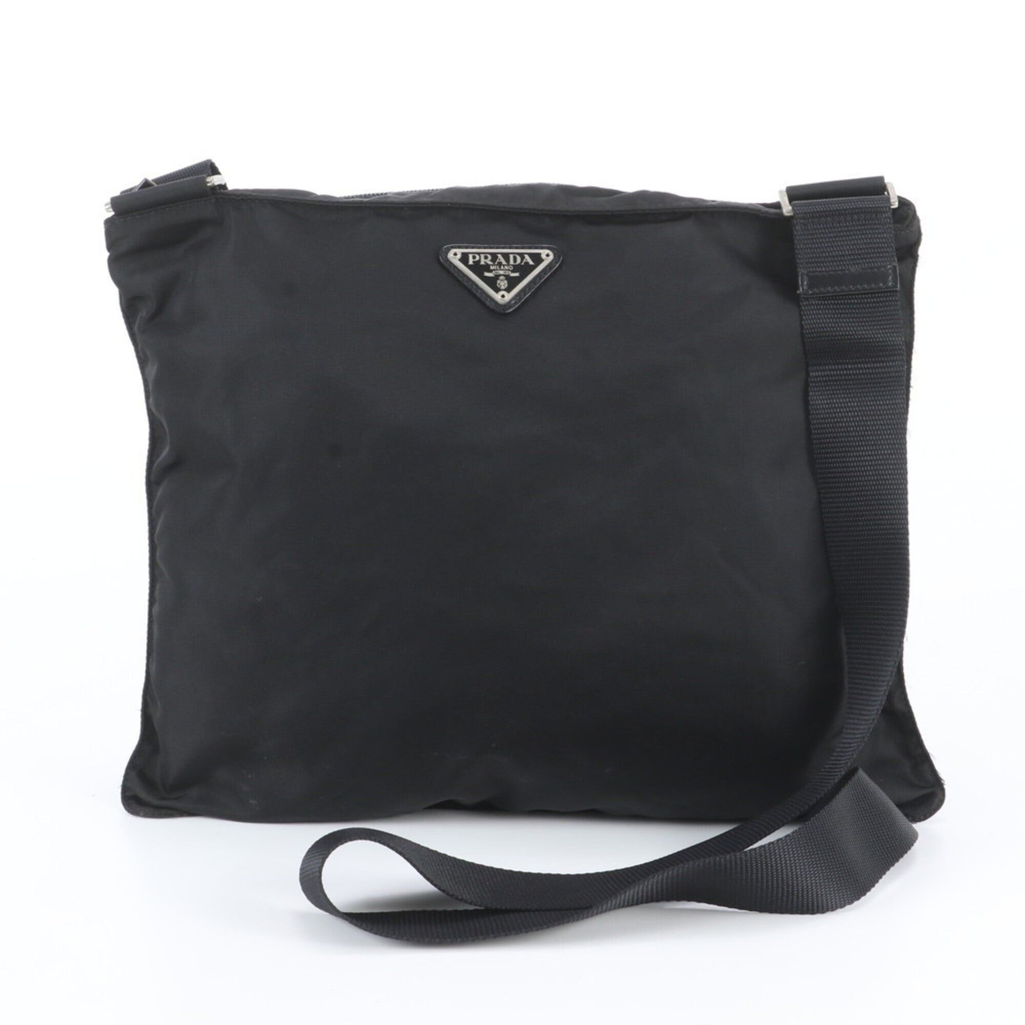 Prada Black Leather Nylon Messenger Bag Shoulder Bag (Pre-Owned)