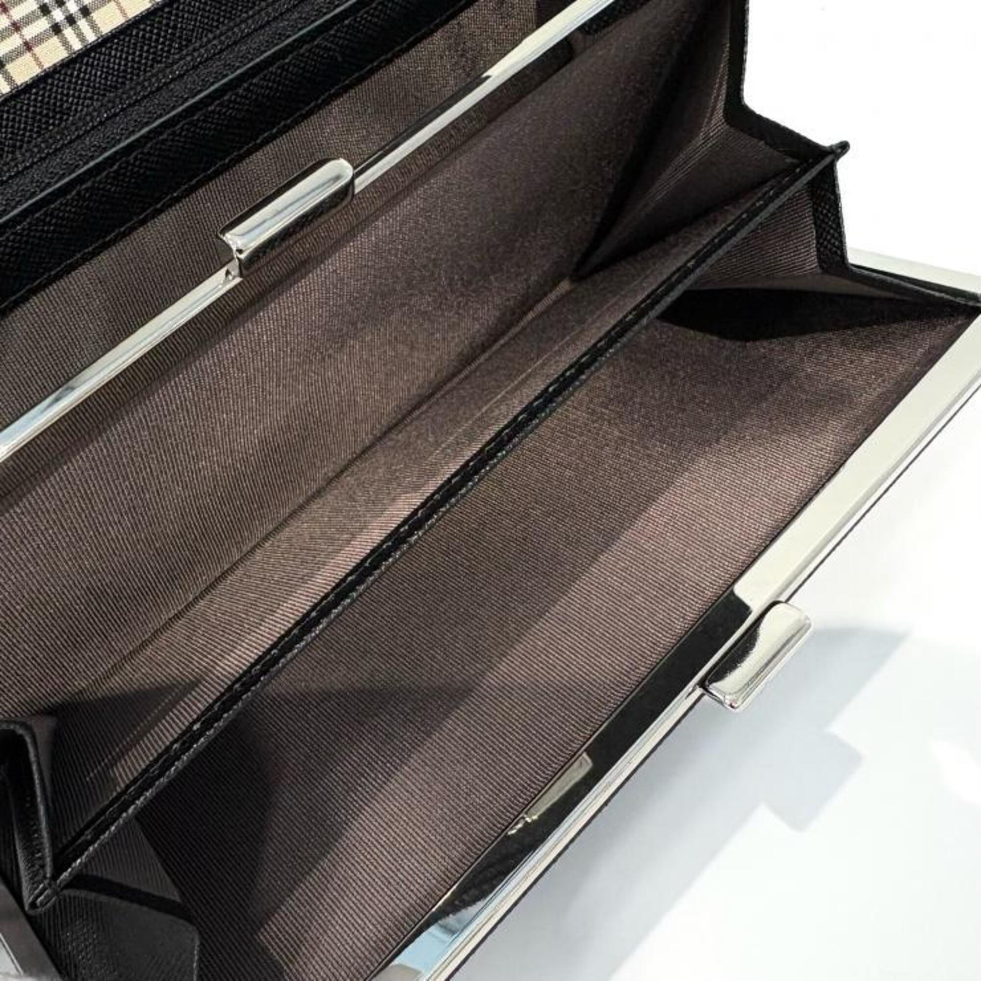 Burberry Black Brown Leather Canvas Long Wallet (Bi-Fold) (Pre-Owned)