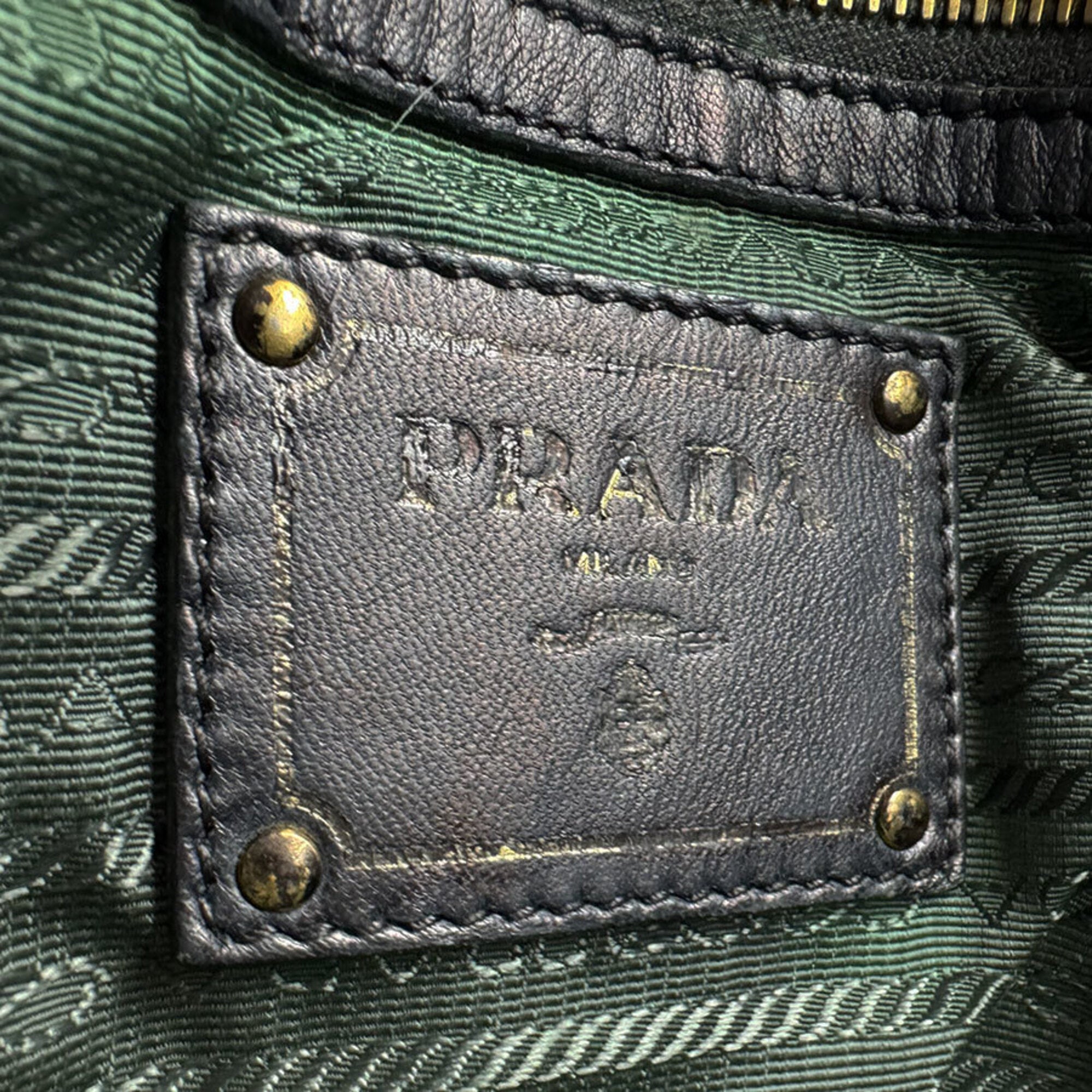 Prada Black Green Nylon Leather Handbag Shoulder Bag (Pre-Owned)