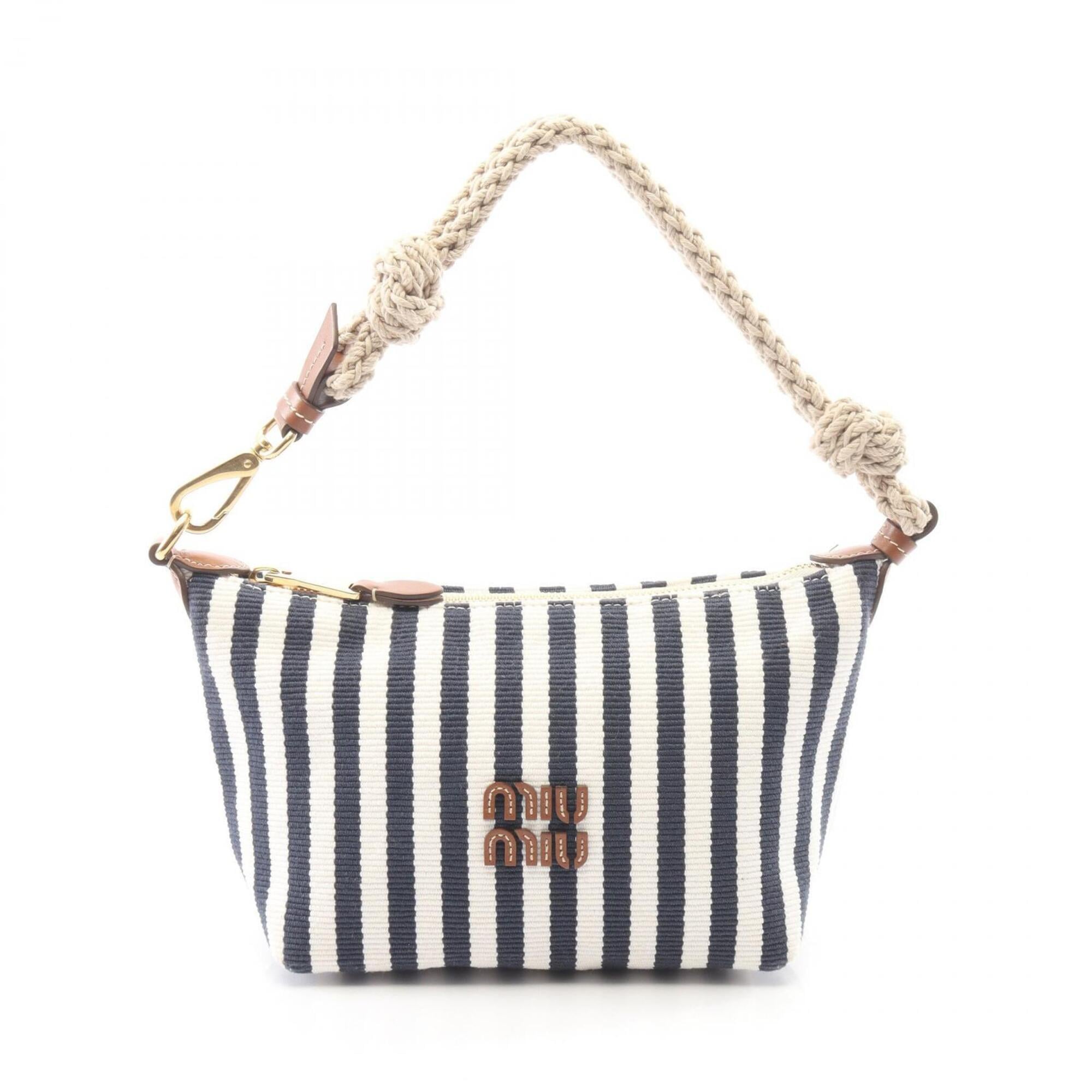 Miu Miu Brown Navy White Canvas Leather Handbag (Pre-Owned)