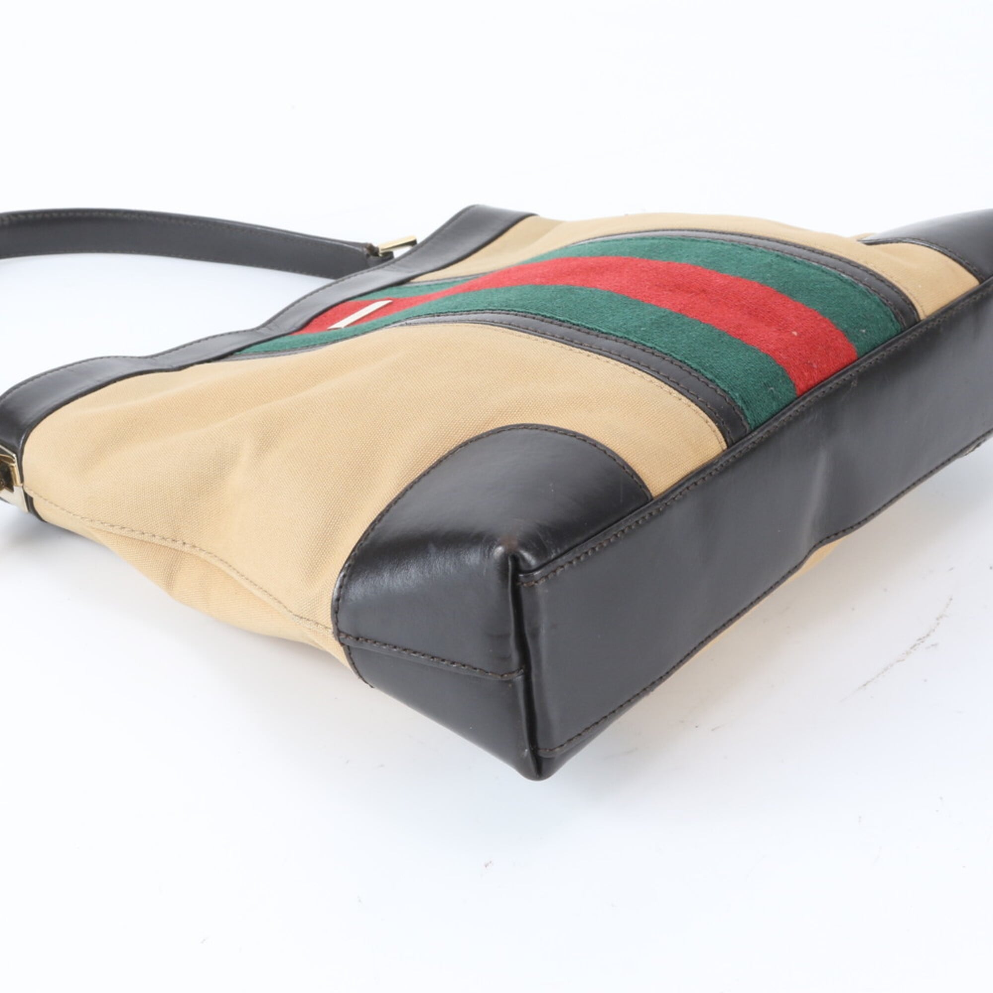 Gucci Sherry Line Beige Black Leather Canvas Handbag Shoulder Bag Tote Bag (Pre-Owned)