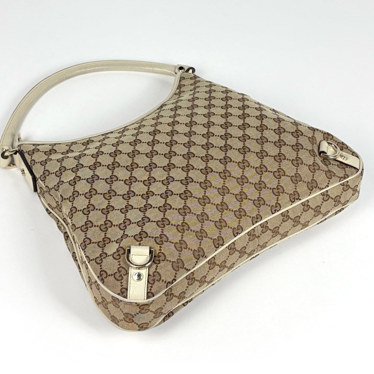 Gucci Abbey Beige White Gg Canvas Leather Shoulder Bag (Pre-Owned)