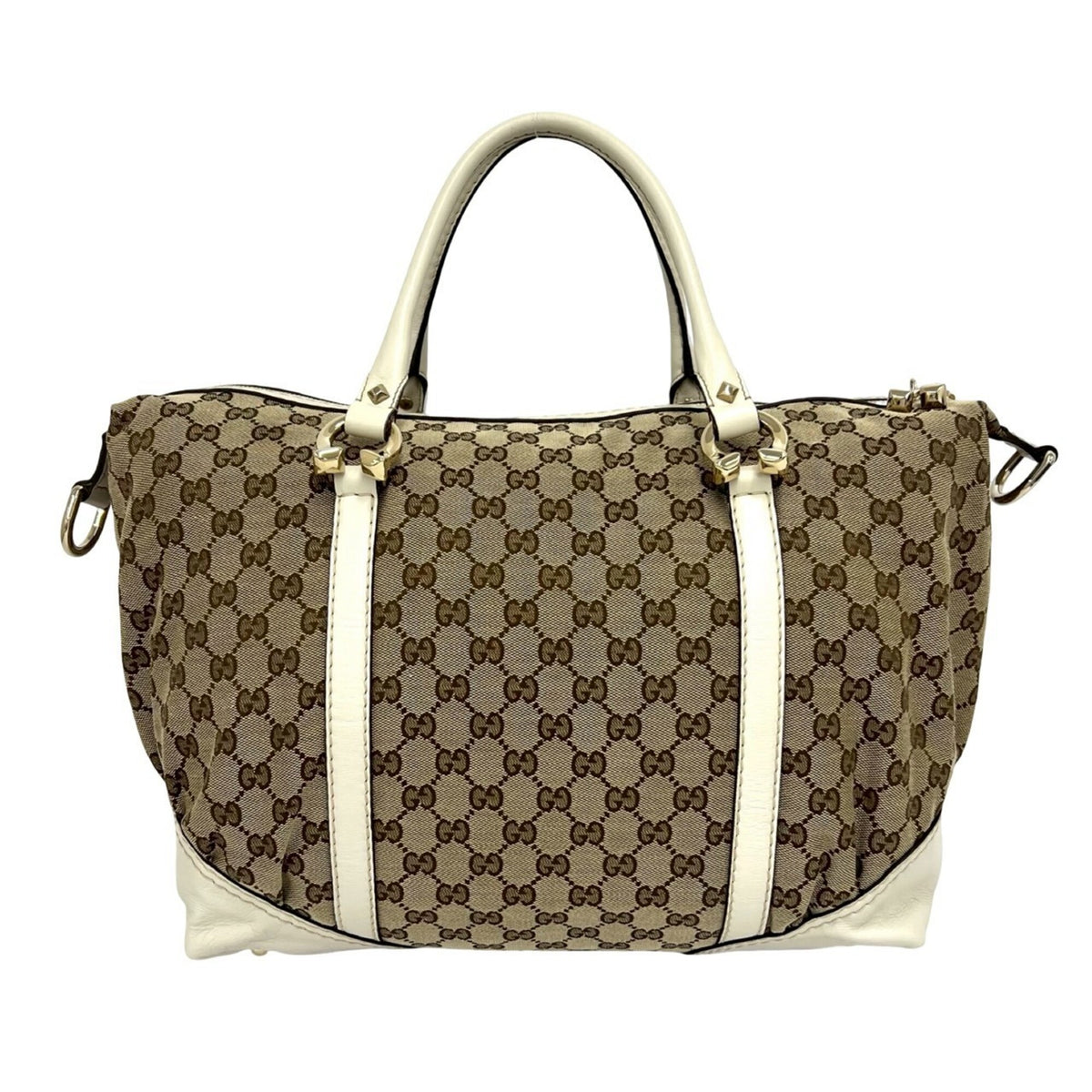 Gucci Brown White Canvas Leather Boston Bag Handbag (Pre-Owned)